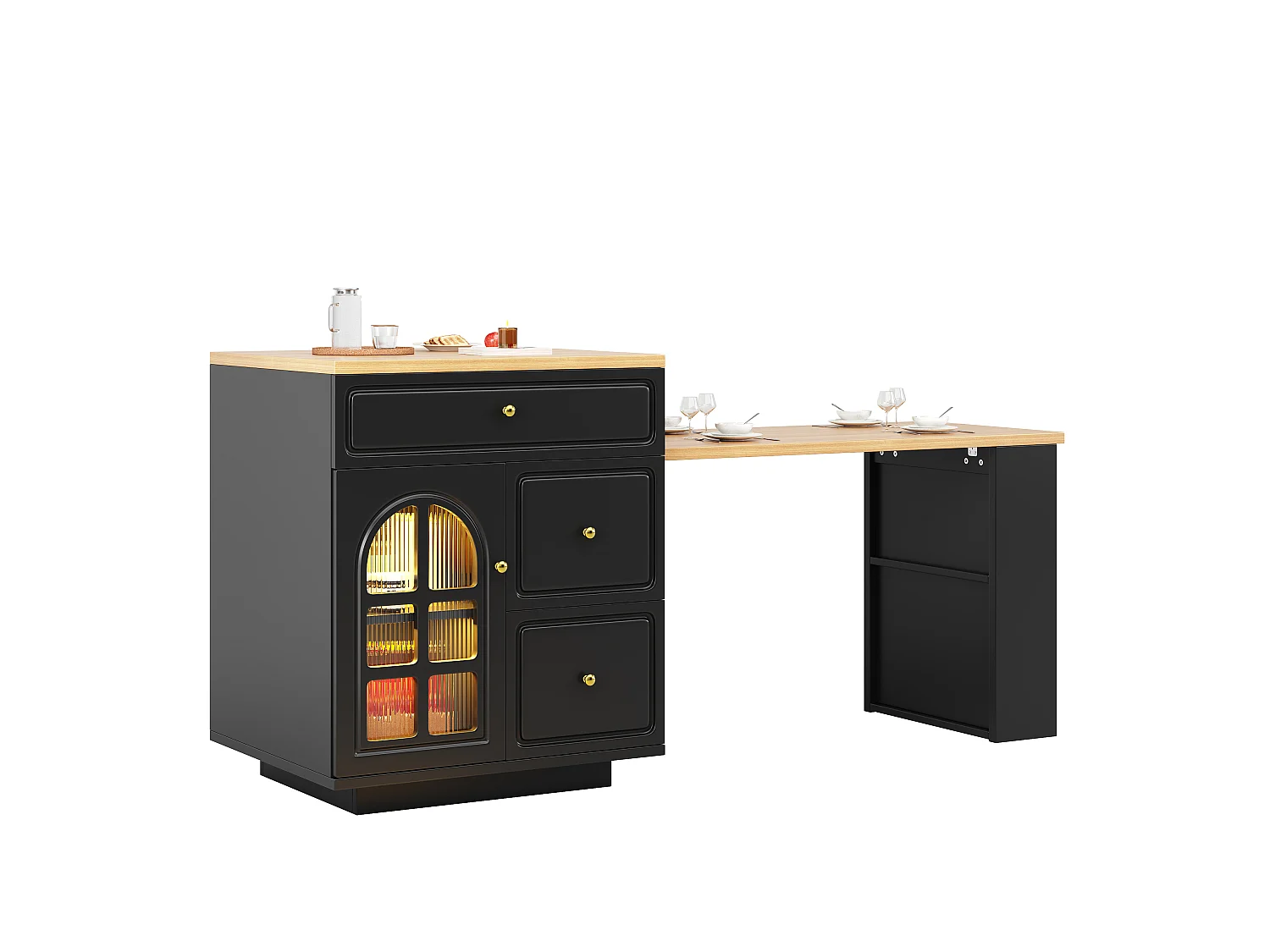 Îlot Central de Cuisine Extensible 122.5-195.5cm - Table de Bar avec Tiroirs, Vitrine en Verre, Éclairage LED et Détails Dorés - Noir