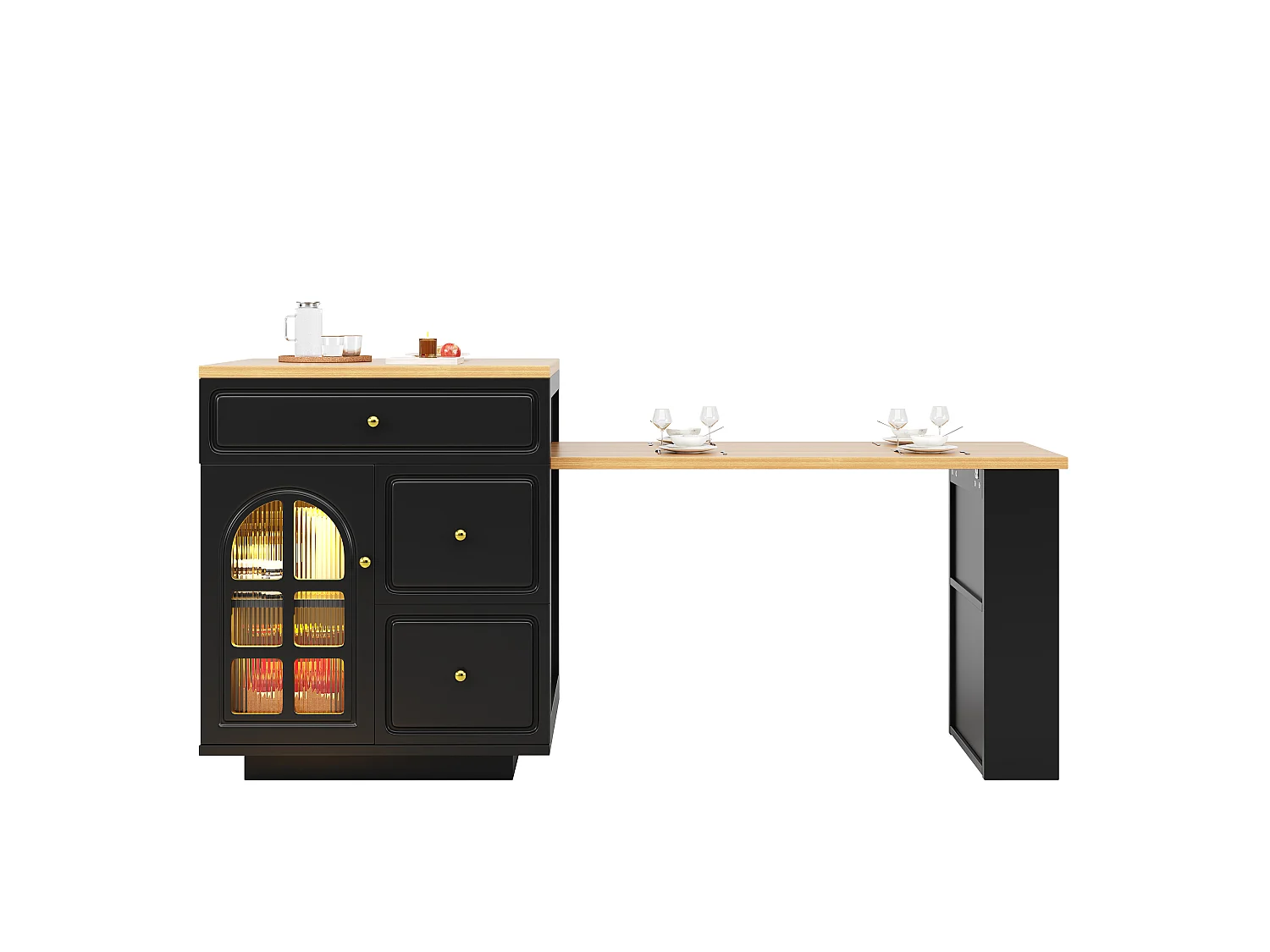 Îlot Central de Cuisine Extensible 122.5-195.5cm - Table de Bar avec Tiroirs, Vitrine en Verre, Éclairage LED et Détails Dorés - Noir