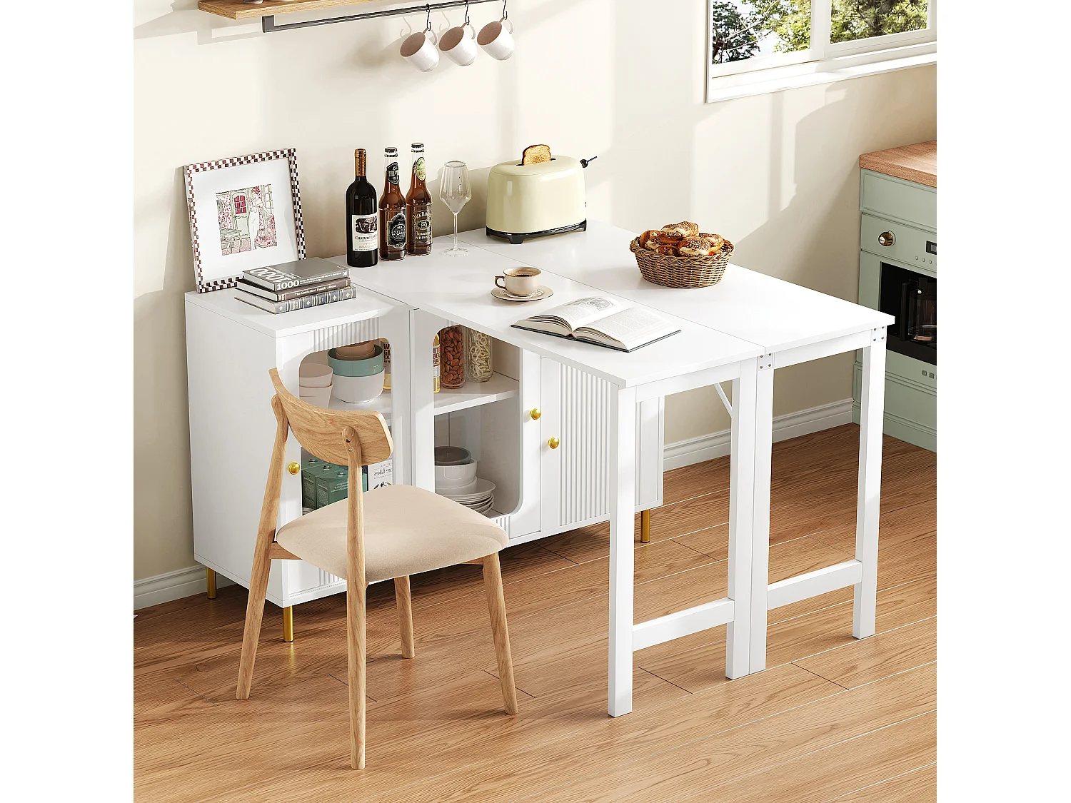 Kitchen island with swiveling drop-down top - various storage options - MDF - White