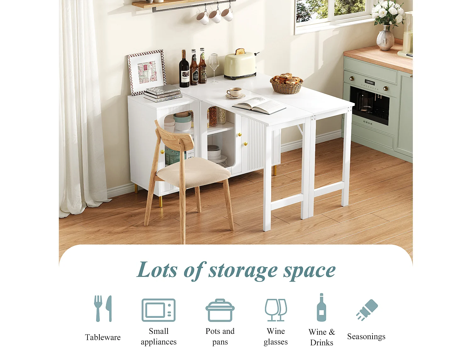 Kitchen island with swiveling drop-down top - various storage options - MDF - White