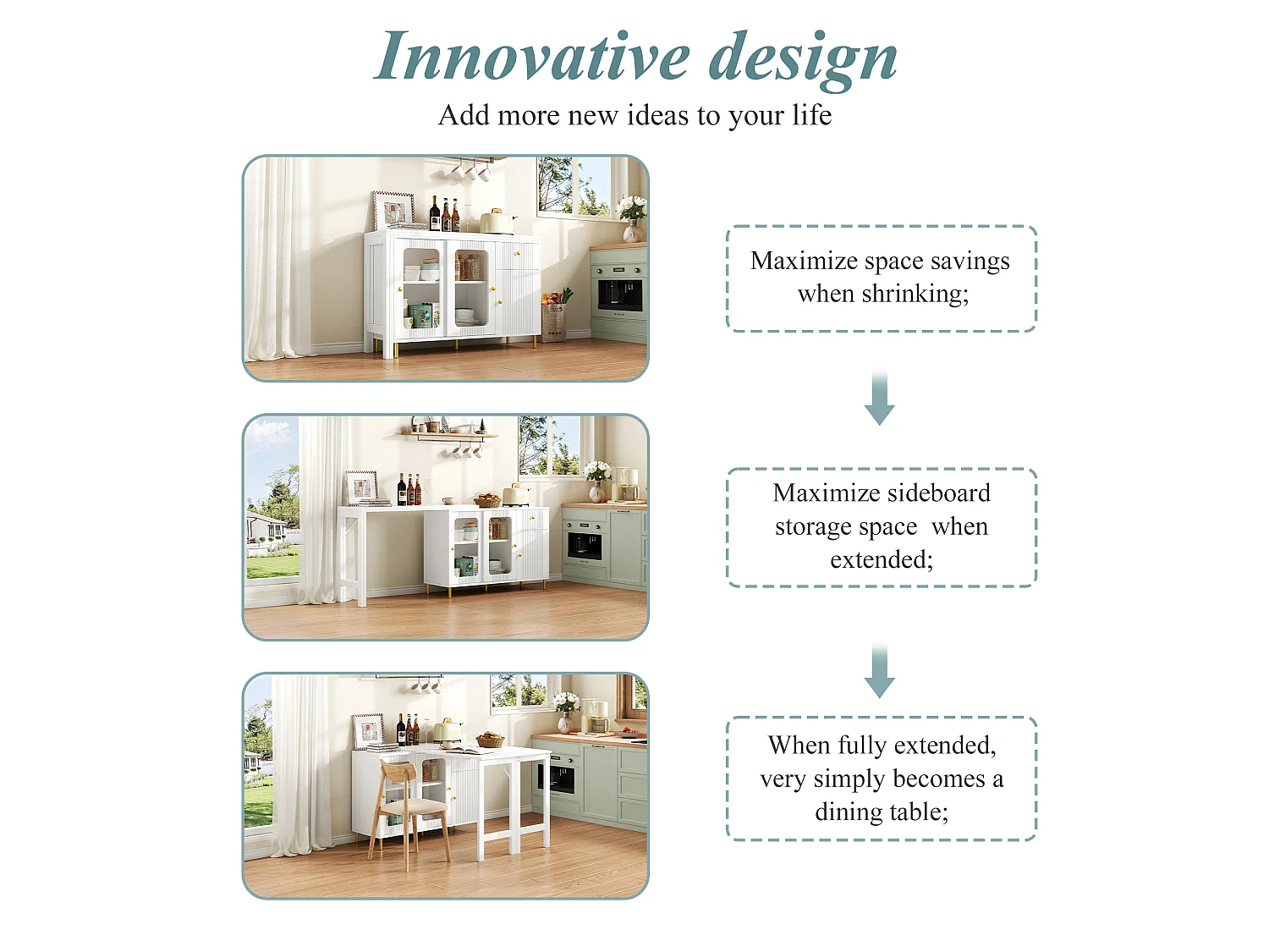 Kitchen island with swiveling drop-down top - various storage options - MDF - White
