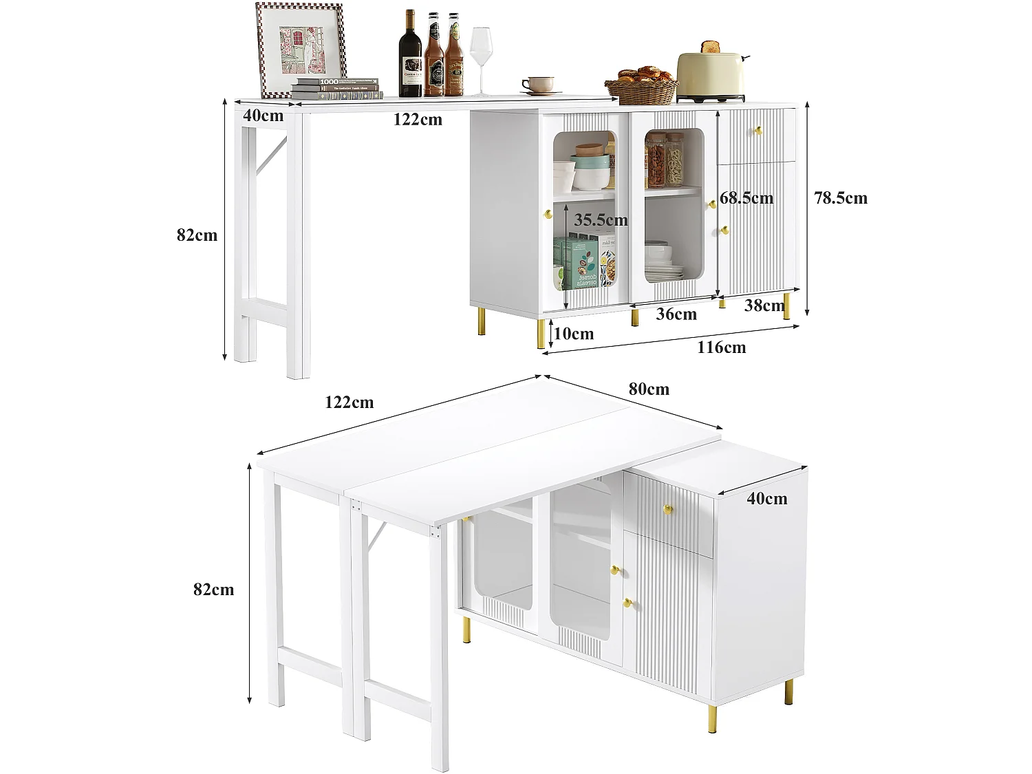 Kitchen island with swiveling drop-down top - various storage options - MDF - White