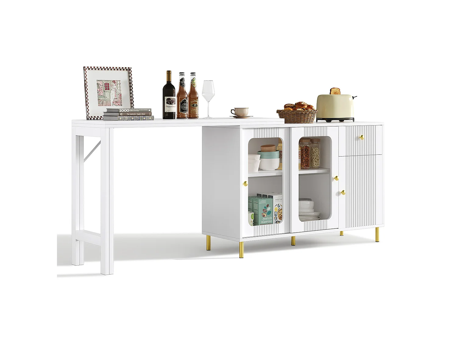 Kitchen island with swiveling drop-down top - various storage options - MDF - White