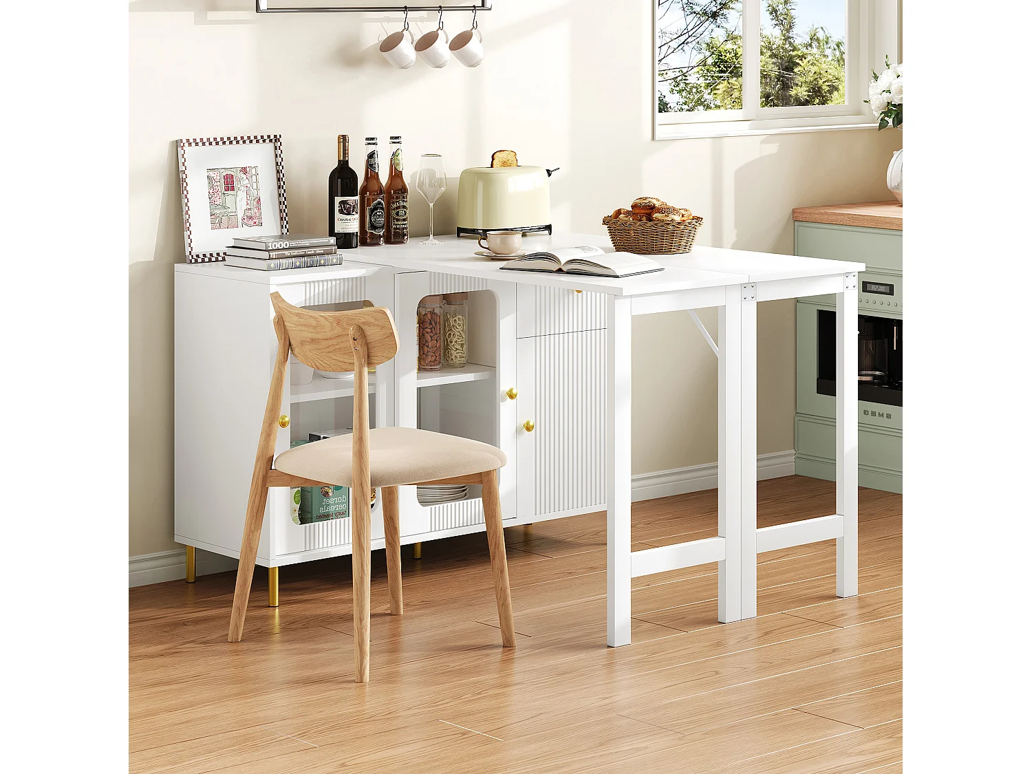 Kitchen island with swiveling drop-down top - various storage options - MDF - White