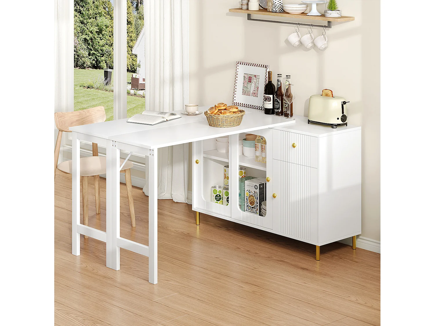 Kitchen island with swiveling drop-down top - various storage options - MDF - White
