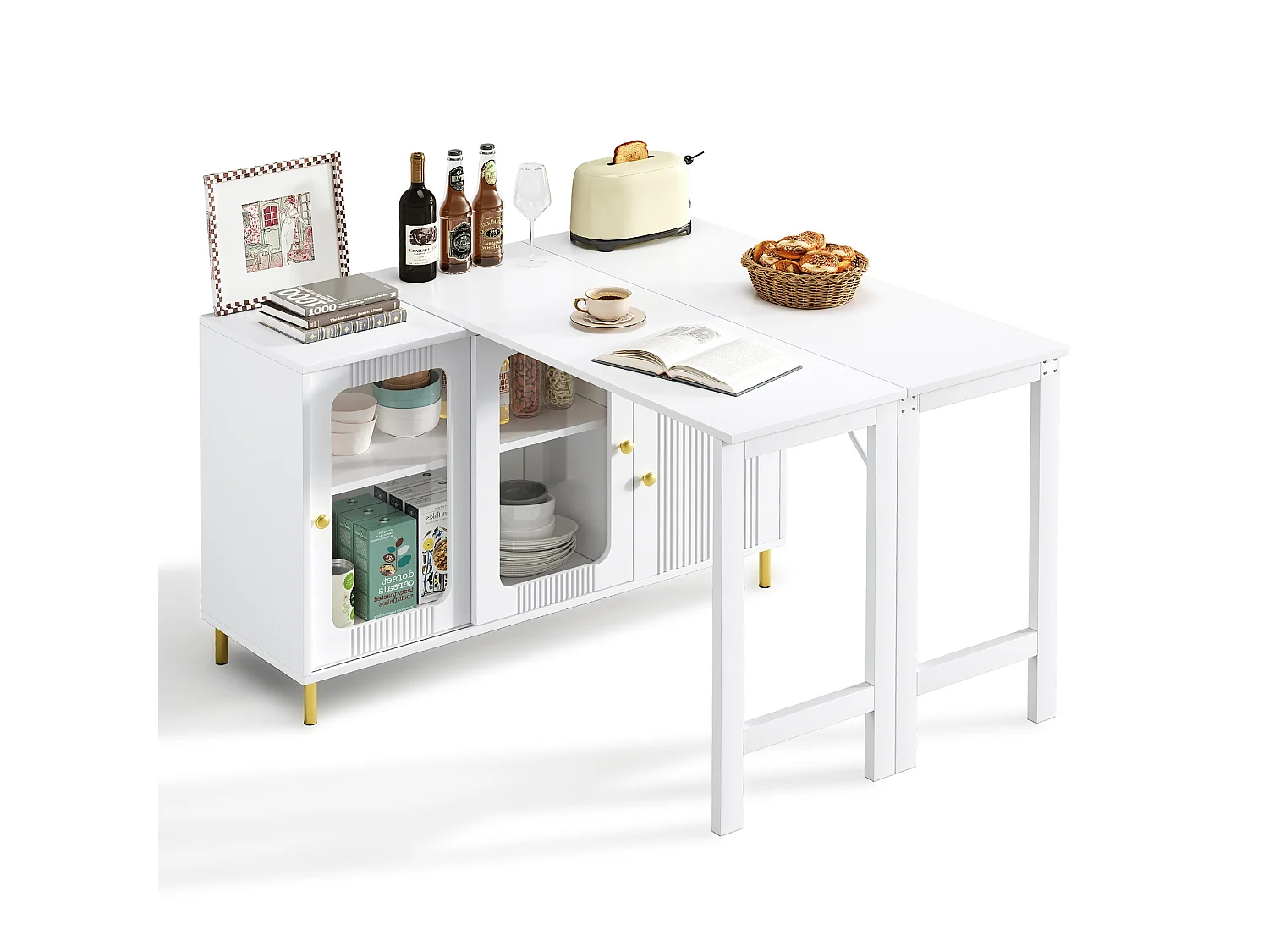 Kitchen island with swiveling drop-down top - various storage options - MDF - White