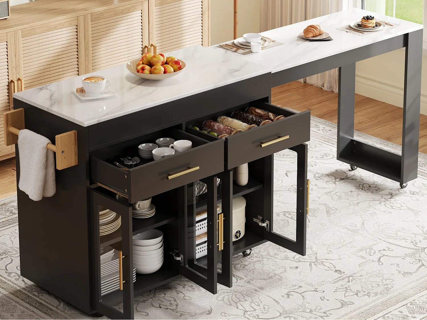 Kitchen island - with wheels - extendable tabletop - with storage space - black