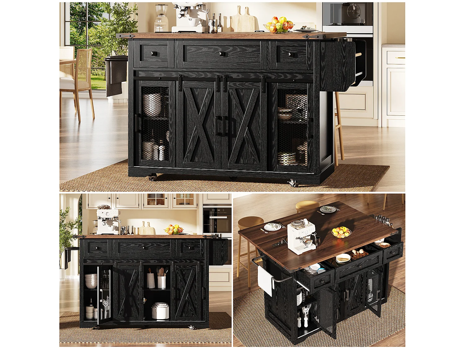 Îlot Central de Cuisine - plateau de table pliant - avec prise de courant et roulettes - avec porte-serviettes - Noir