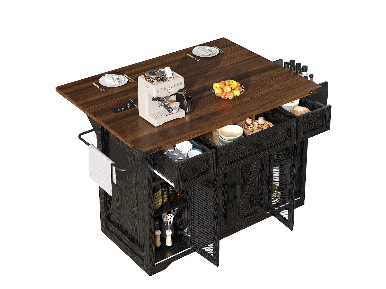 Îlot Central de Cuisine - plateau de table pliant - avec prise de courant et roulettes - avec porte-serviettes - Noir