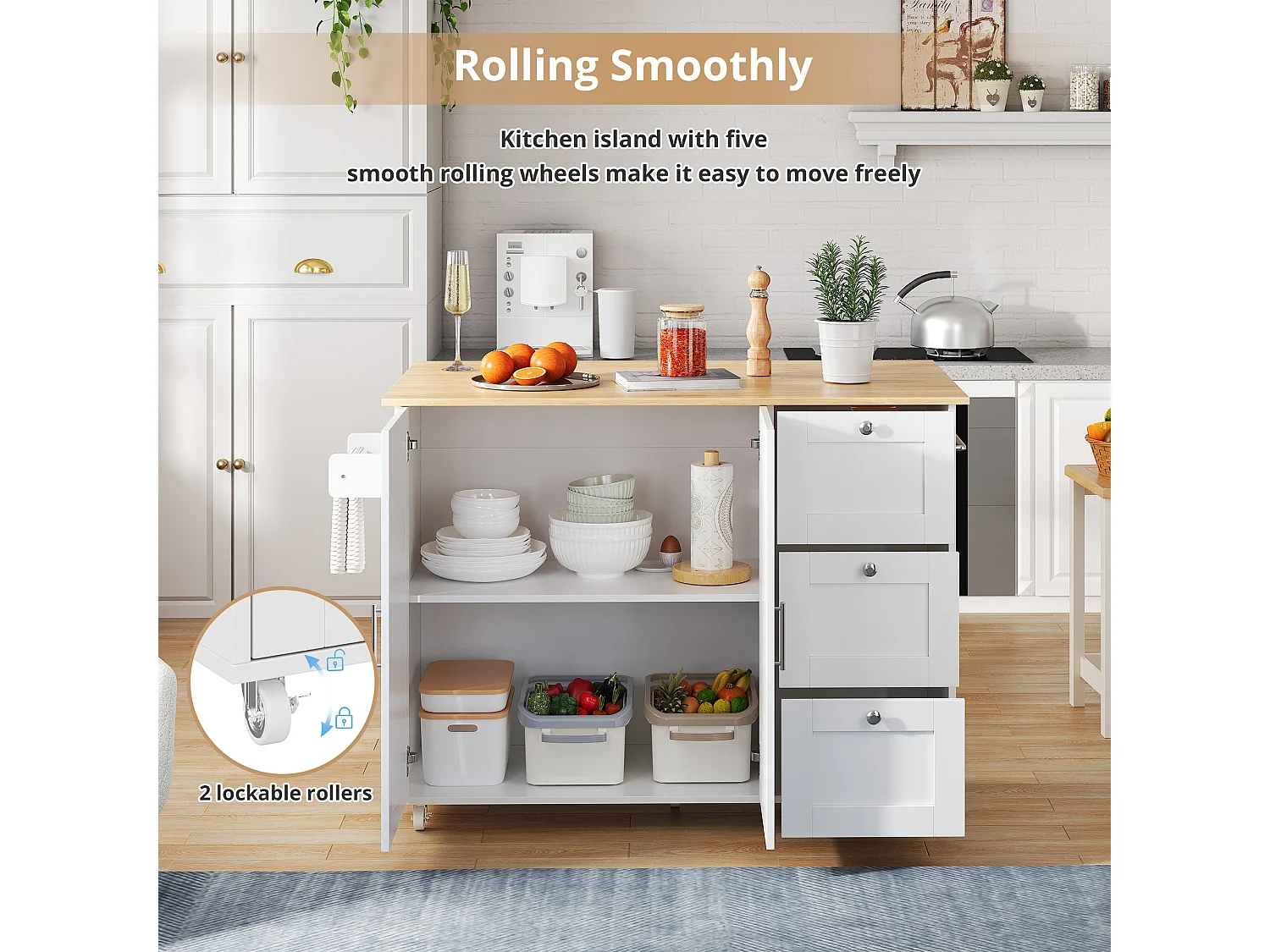 Kitchen island - with folding countertop - 3 drawers and adjustable shelves - White