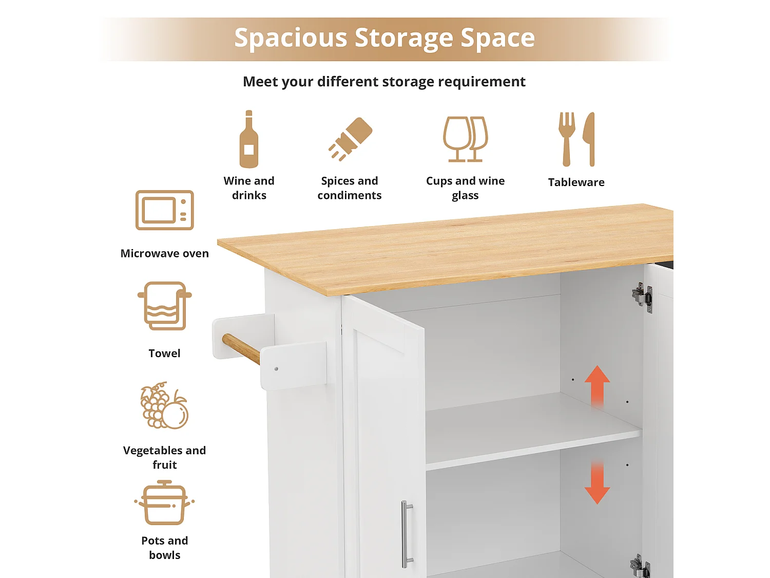 Kitchen island - with folding countertop - 3 drawers and adjustable shelves - White