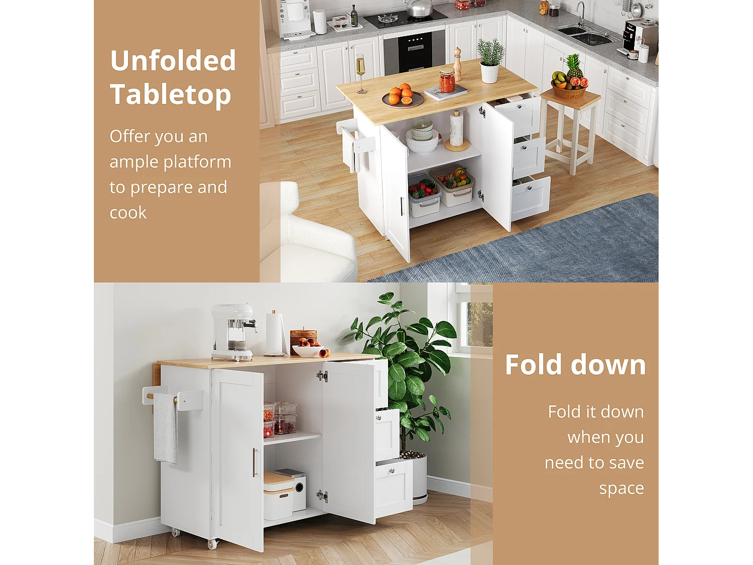 Kitchen island - with folding countertop - 3 drawers and adjustable shelves - White