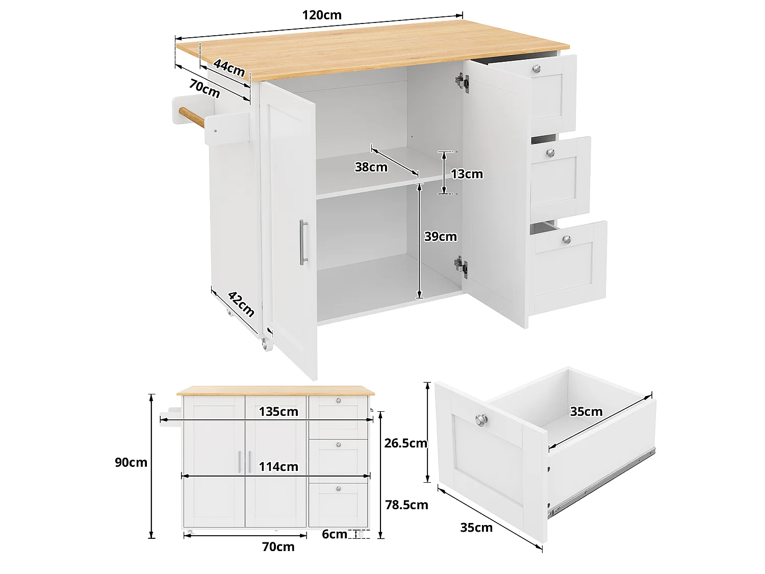 Kitchen island - with folding countertop - 3 drawers and adjustable shelves - White