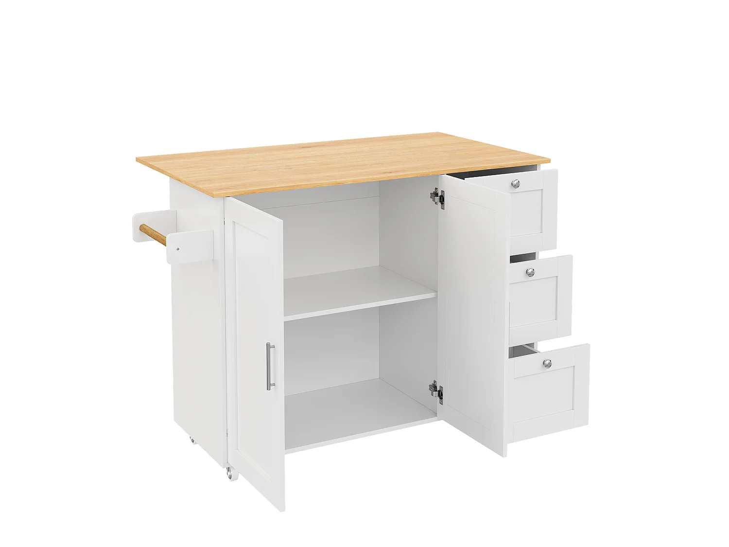 Kitchen island - with folding countertop - 3 drawers and adjustable shelves - White