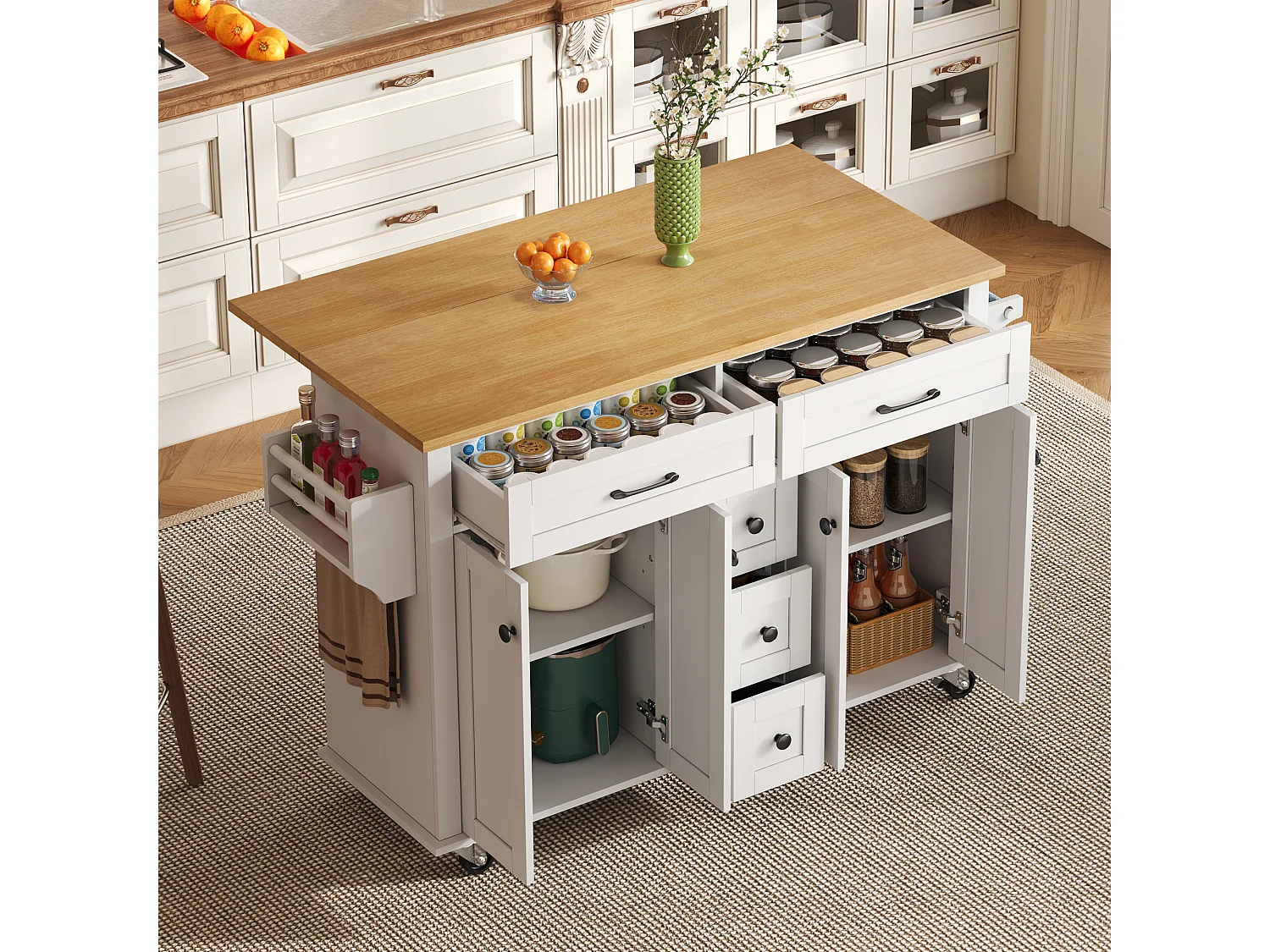 Mobile kitchen island - extendable top - 5 drawers and 4 doors - with towel rail - MDF - White