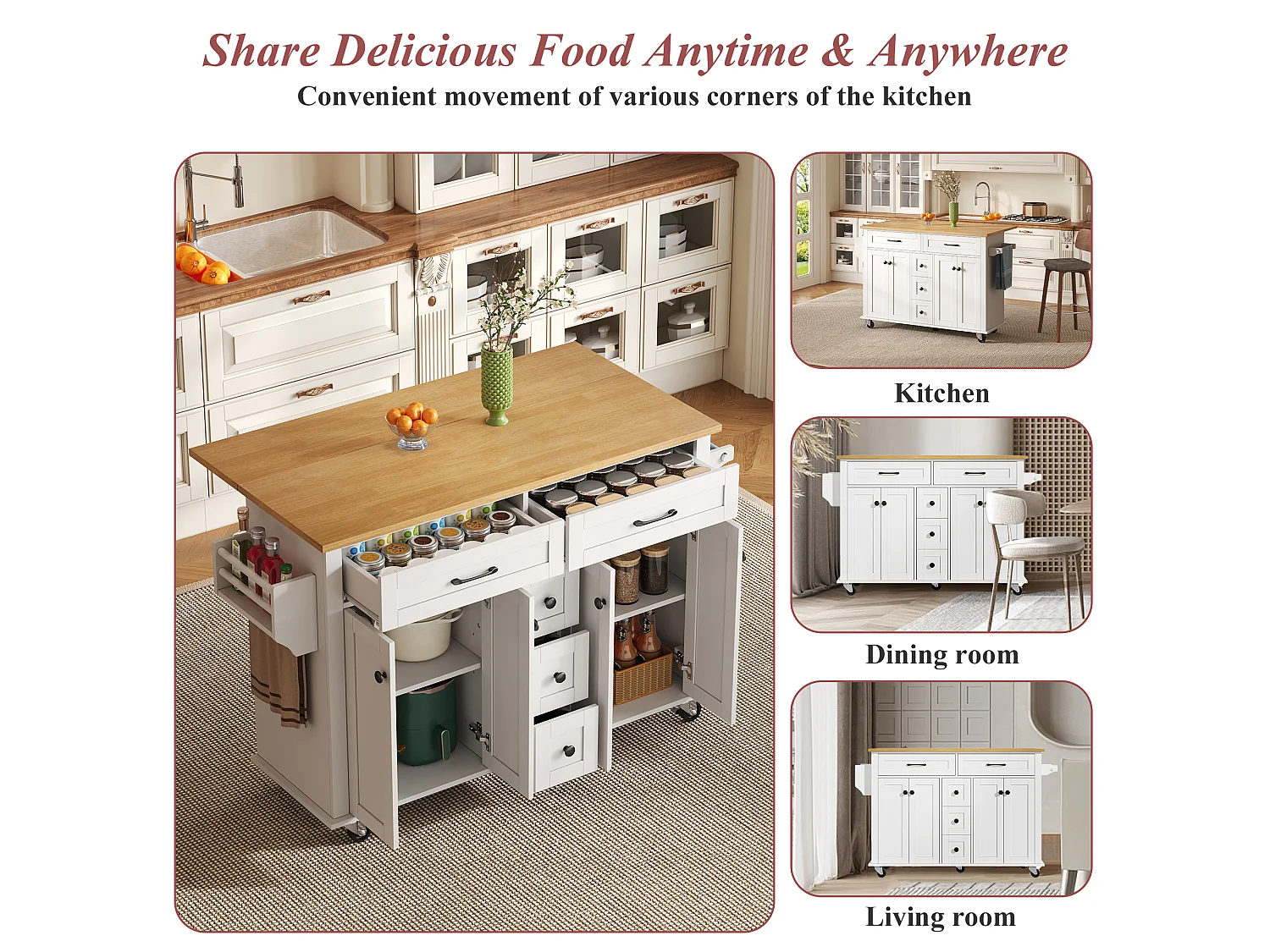 Mobile kitchen island - extendable top - 5 drawers and 4 doors - with towel rail - MDF - White
