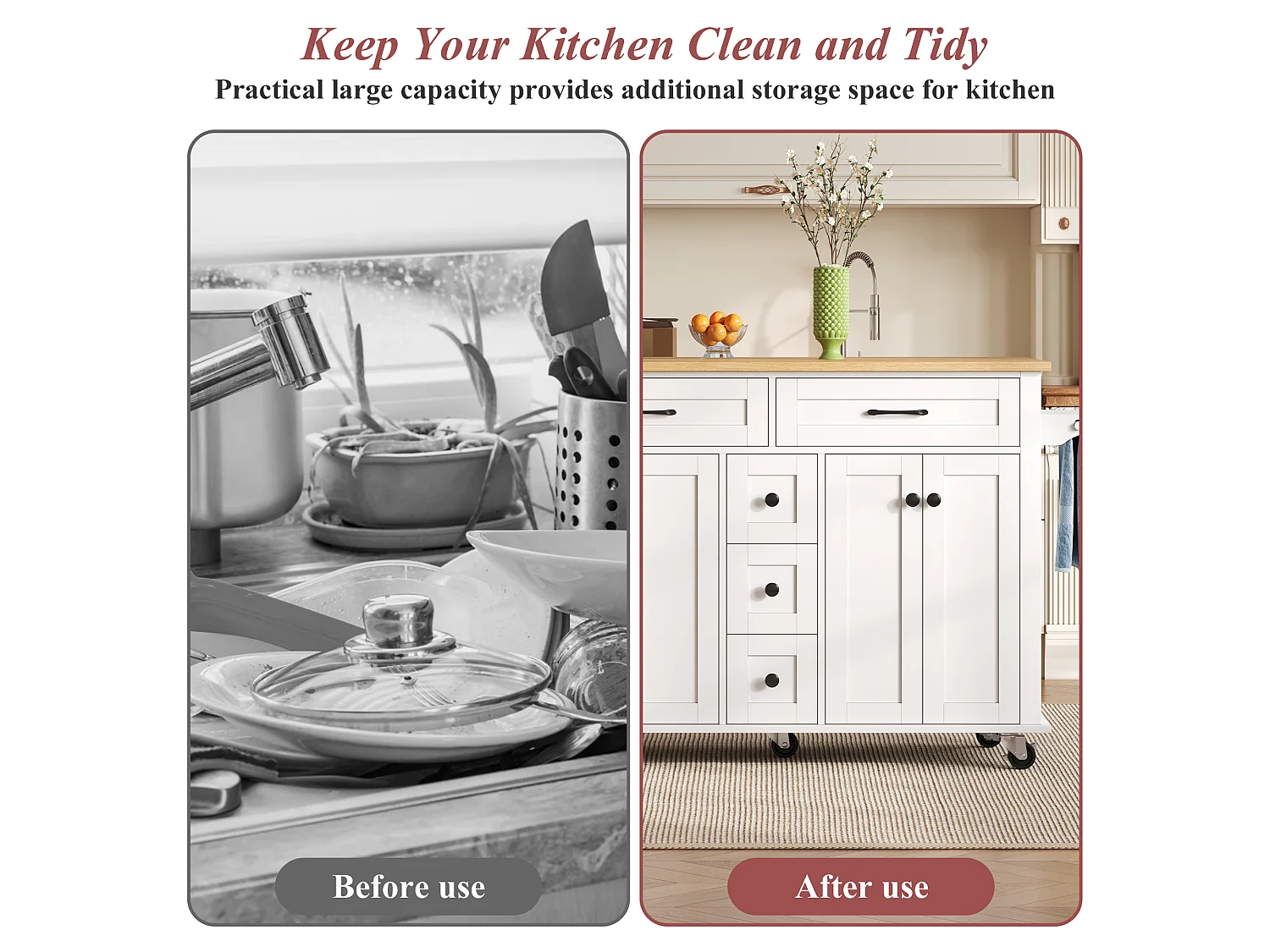 Mobile kitchen island - extendable top - 5 drawers and 4 doors - with towel rail - MDF - White
