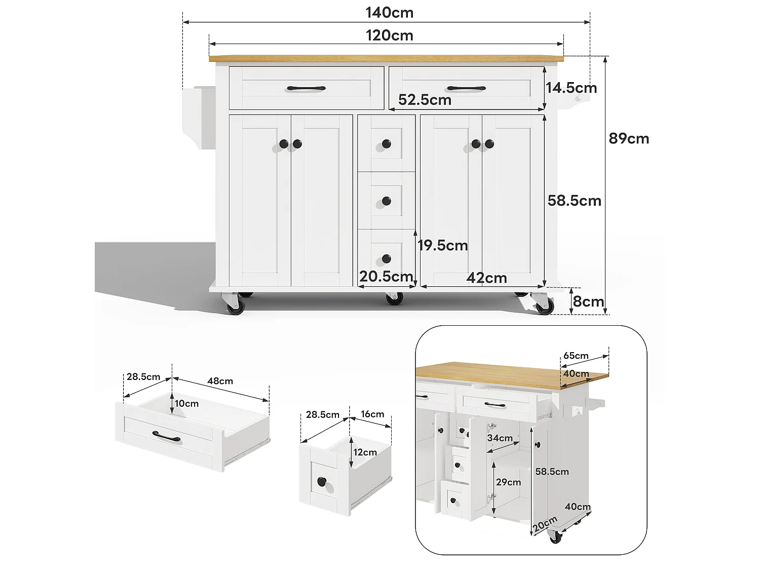 Mobile kitchen island - extendable top - 5 drawers and 4 doors - with towel rail - MDF - White
