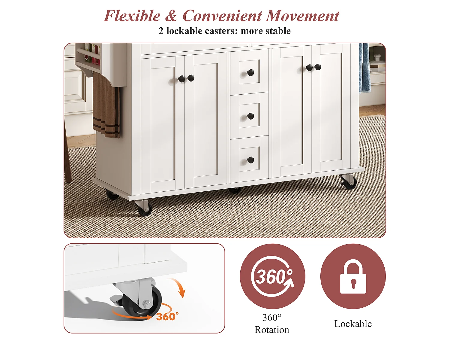 Mobile kitchen island - extendable top - 5 drawers and 4 doors - with towel rail - MDF - White