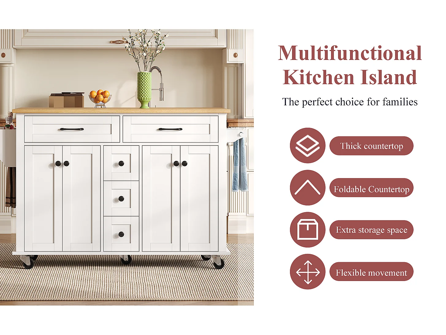 Mobile kitchen island - extendable top - 5 drawers and 4 doors - with towel rail - MDF - White