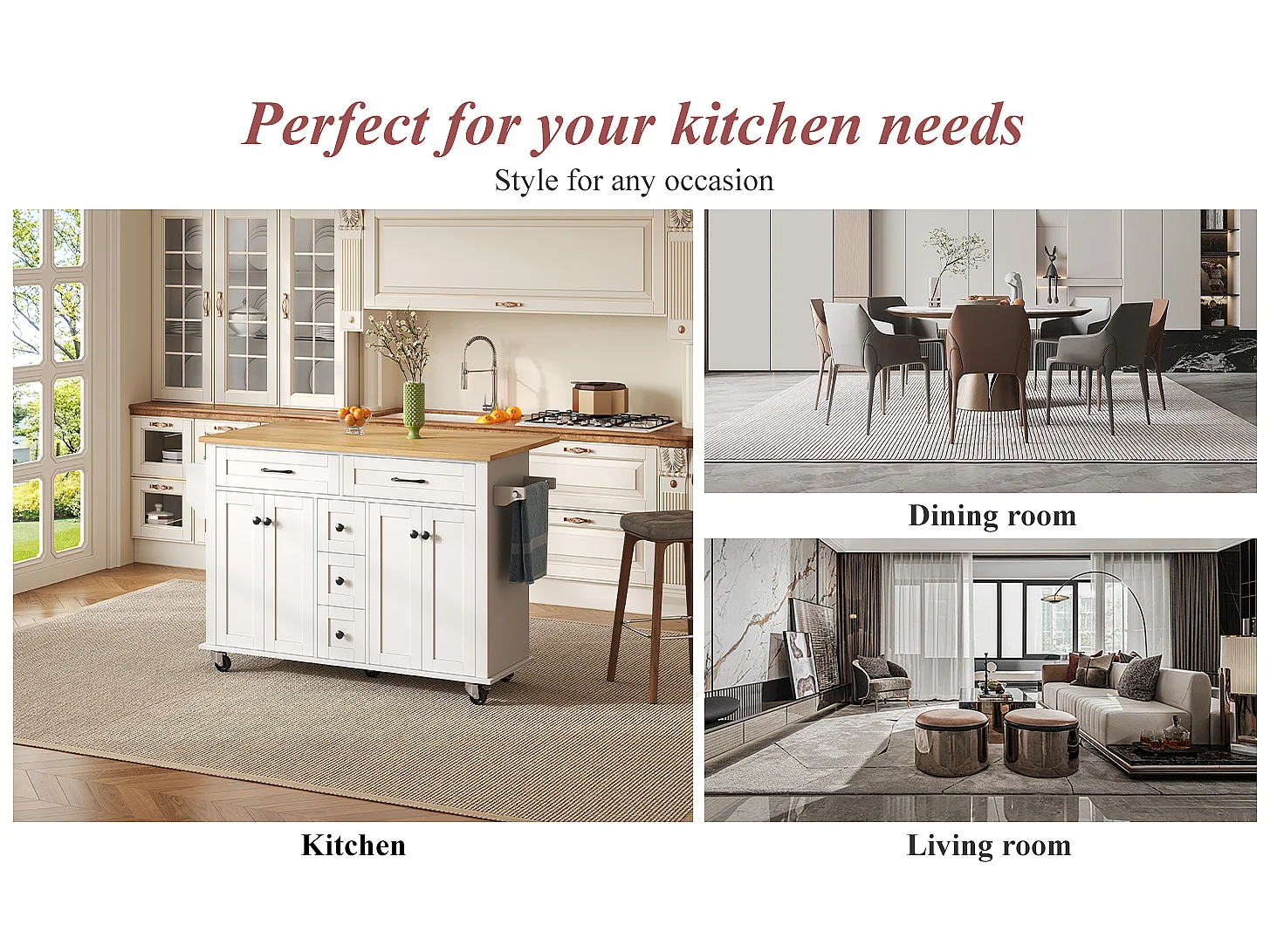Mobile kitchen island - extendable top - 5 drawers and 4 doors - with towel rail - MDF - White