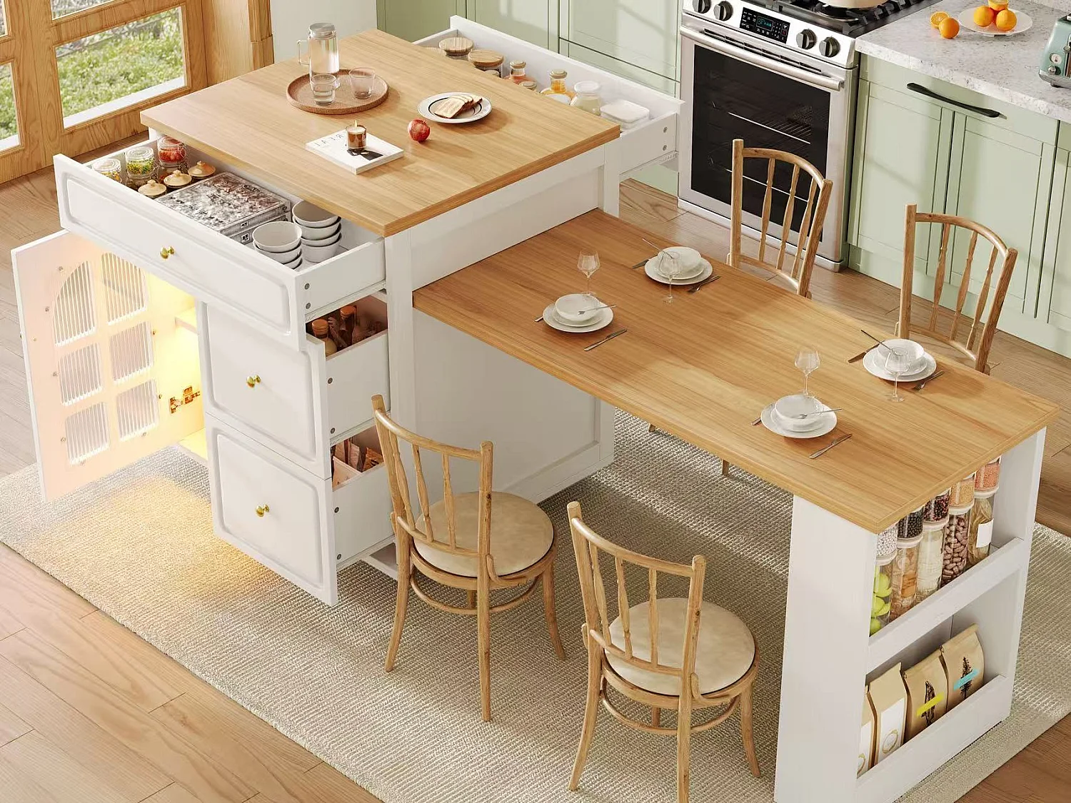 Îlot Central de Cuisine Extensible 122.5-195.5cm - Table de Bar avec Tiroirs, Vitrine en Verre, Éclairage LED et Détails Dorés - Blanc
