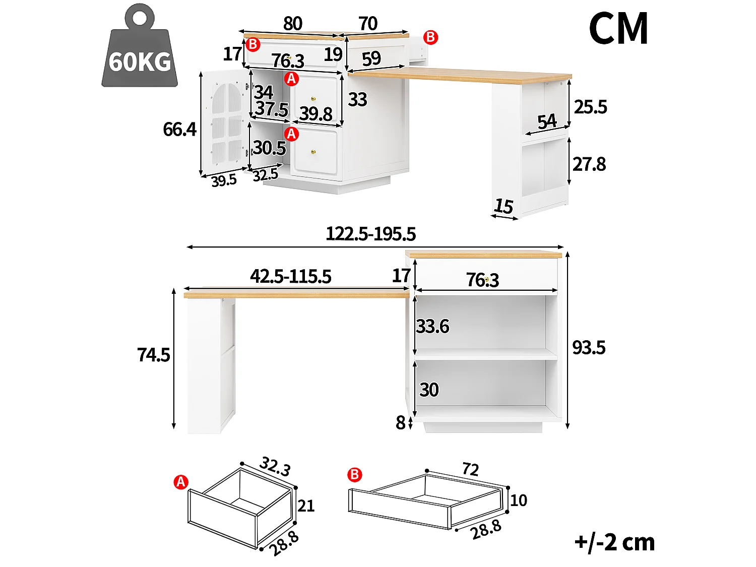Îlot Central de Cuisine Extensible 122.5-195.5cm - Table de Bar avec Tiroirs, Vitrine en Verre, Éclairage LED et Détails Dorés - Blanc