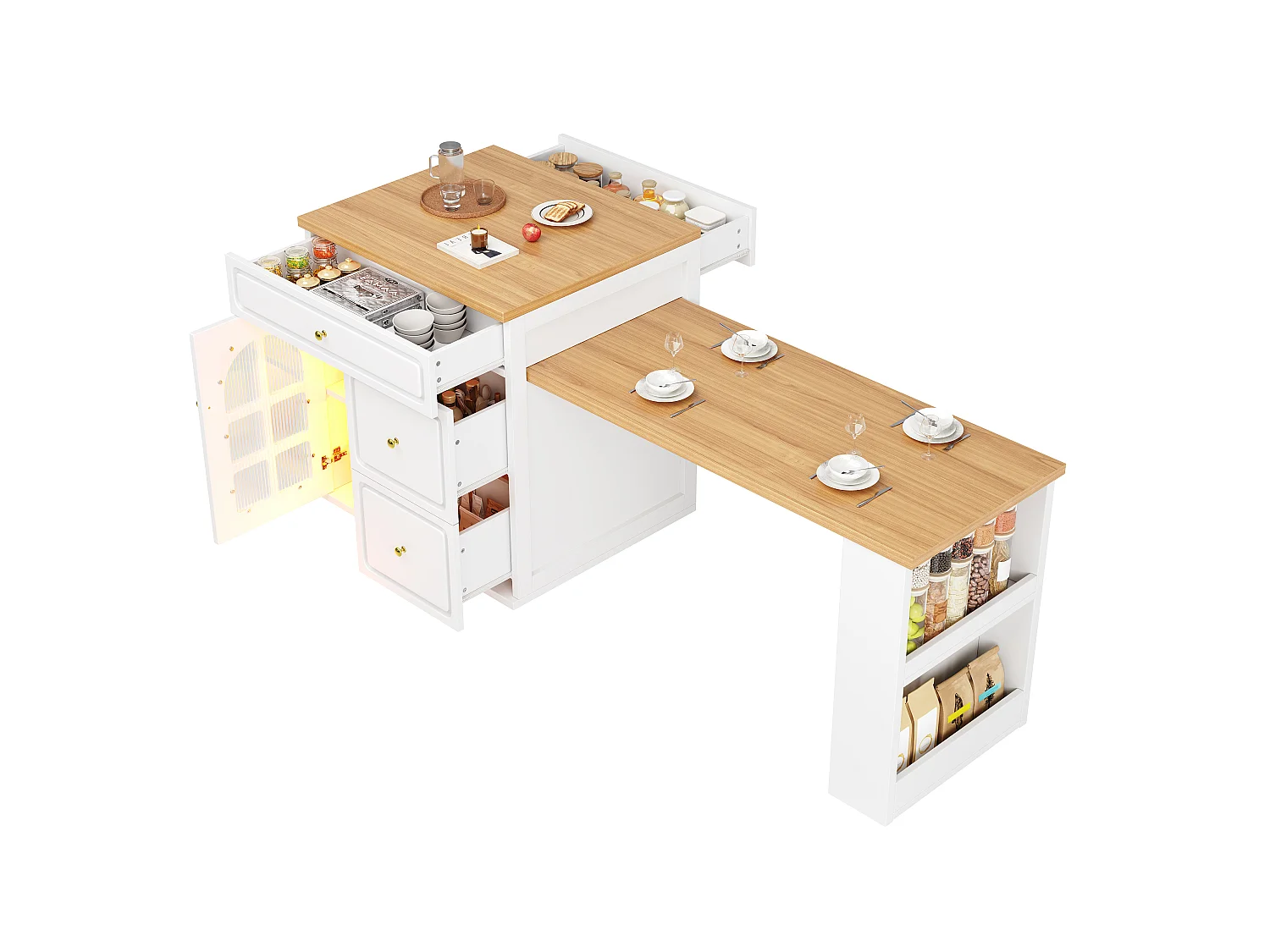 Îlot Central de Cuisine Extensible 122.5-195.5cm - Table de Bar avec Tiroirs, Vitrine en Verre, Éclairage LED et Détails Dorés - Blanc