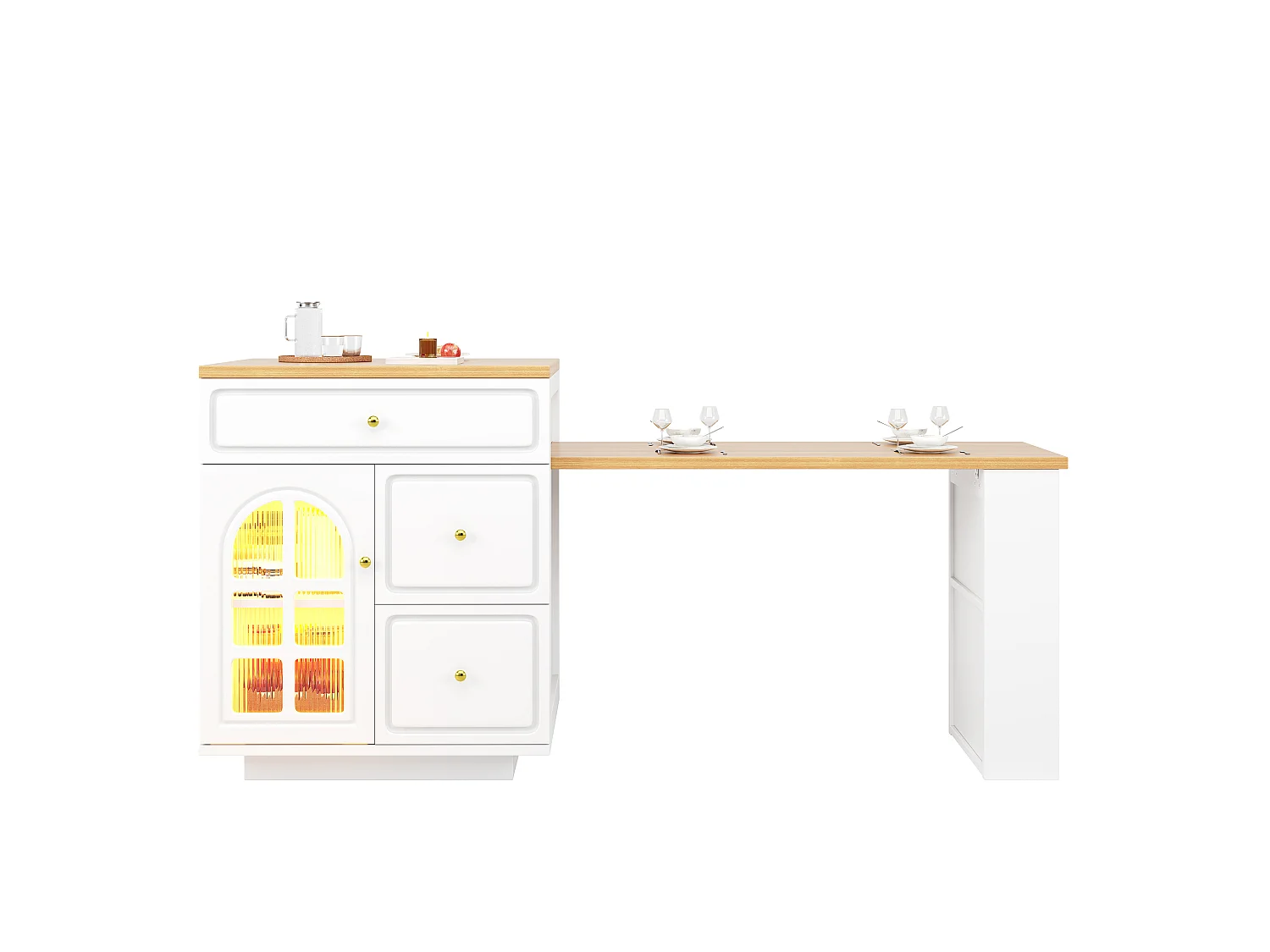 Îlot Central de Cuisine Extensible 122.5-195.5cm - Table de Bar avec Tiroirs, Vitrine en Verre, Éclairage LED et Détails Dorés - Blanc