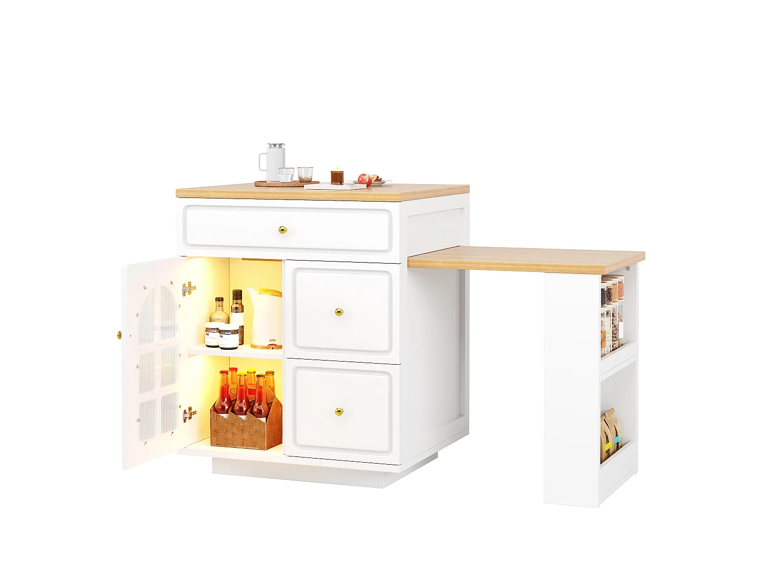 Îlot Central de Cuisine Extensible 122.5-195.5cm - Table de Bar avec Tiroirs, Vitrine en Verre, Éclairage LED et Détails Dorés - Blanc