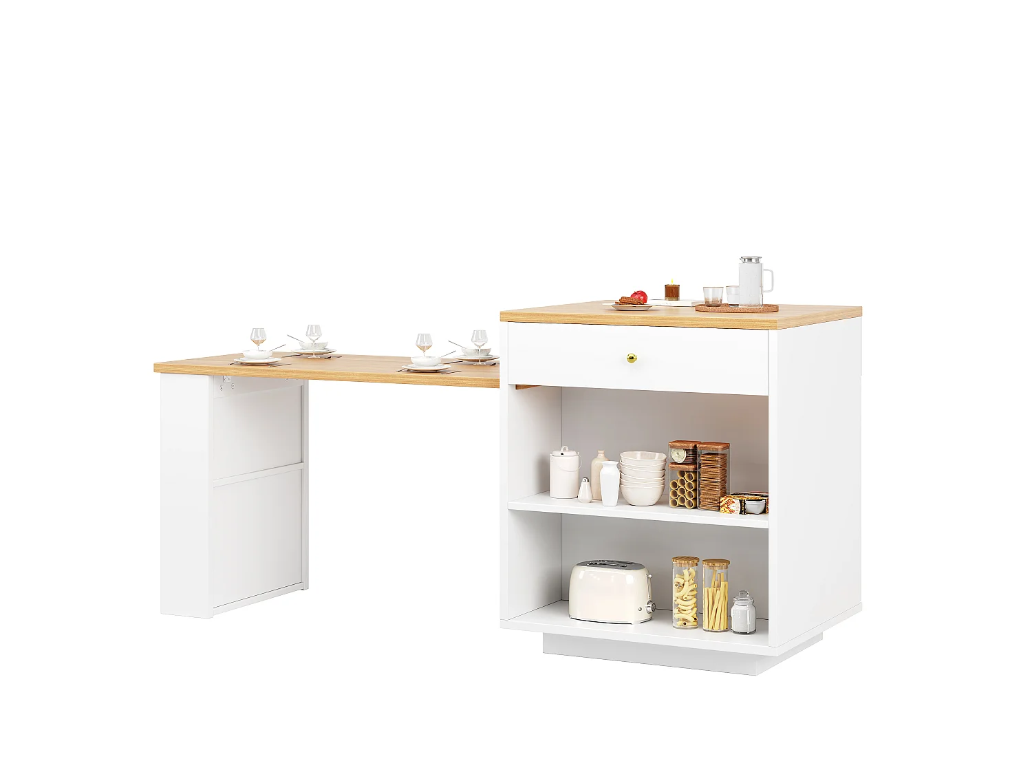 Îlot Central de Cuisine Extensible 122.5-195.5cm - Table de Bar avec Tiroirs, Vitrine en Verre, Éclairage LED et Détails Dorés - Blanc
