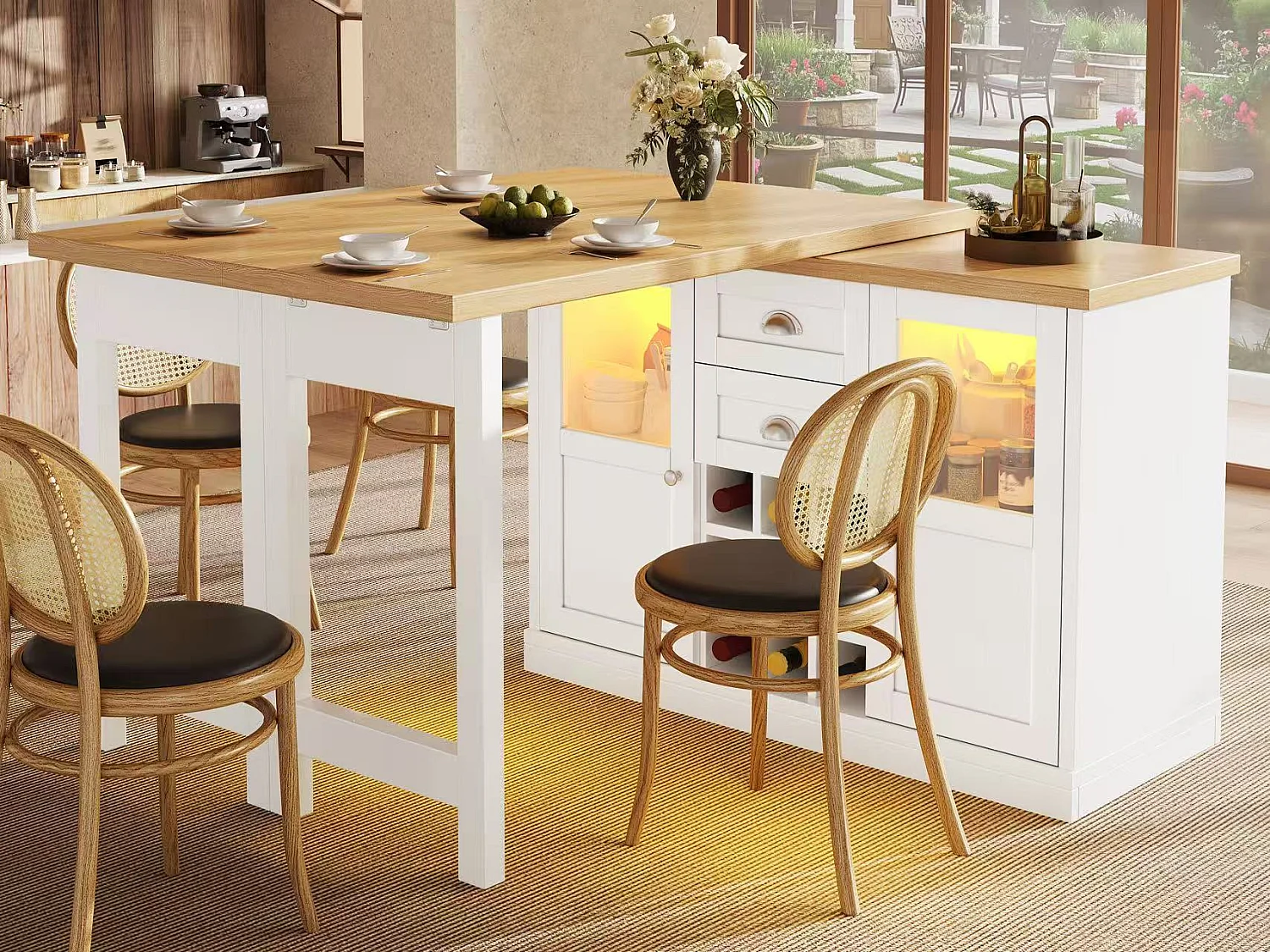 Îlot Central de Cuisine Pivotant à 360° et Extensible 120-197cm - avec Rangement, Range-Bouteilles et Éclairage LED - Blanc
