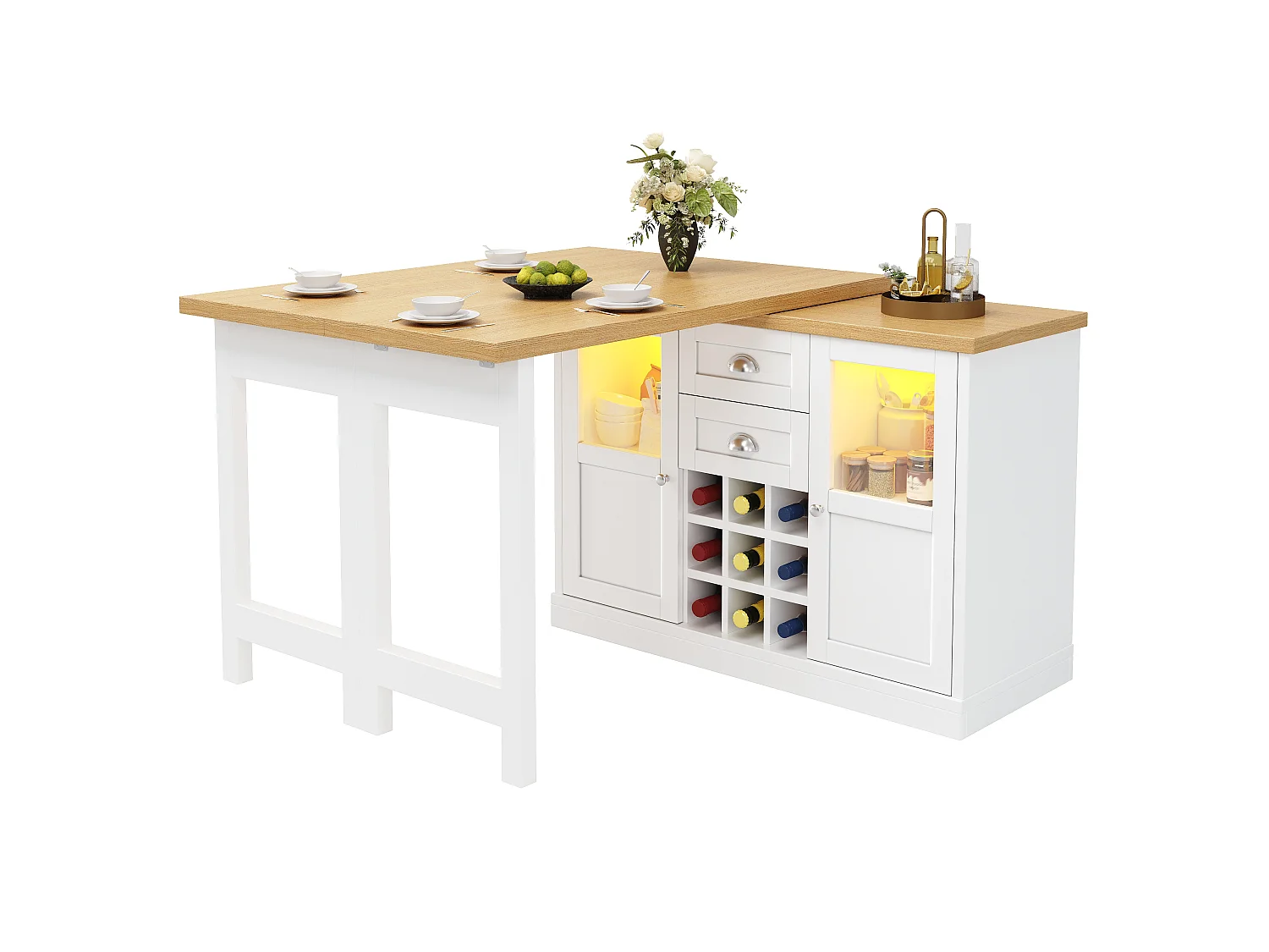 Îlot Central de Cuisine Pivotant à 360° et Extensible 120-197cm - avec Rangement, Range-Bouteilles et Éclairage LED - Blanc