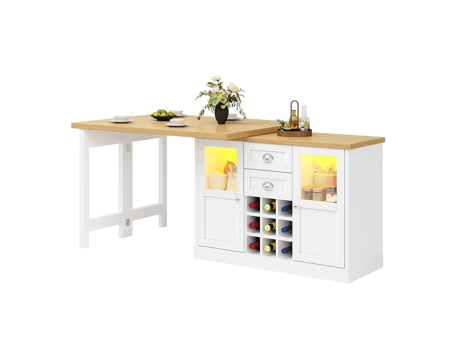Îlot Central de Cuisine Pivotant à 360° et Extensible 120-197cm - avec Rangement, Range-Bouteilles et Éclairage LED - Blanc