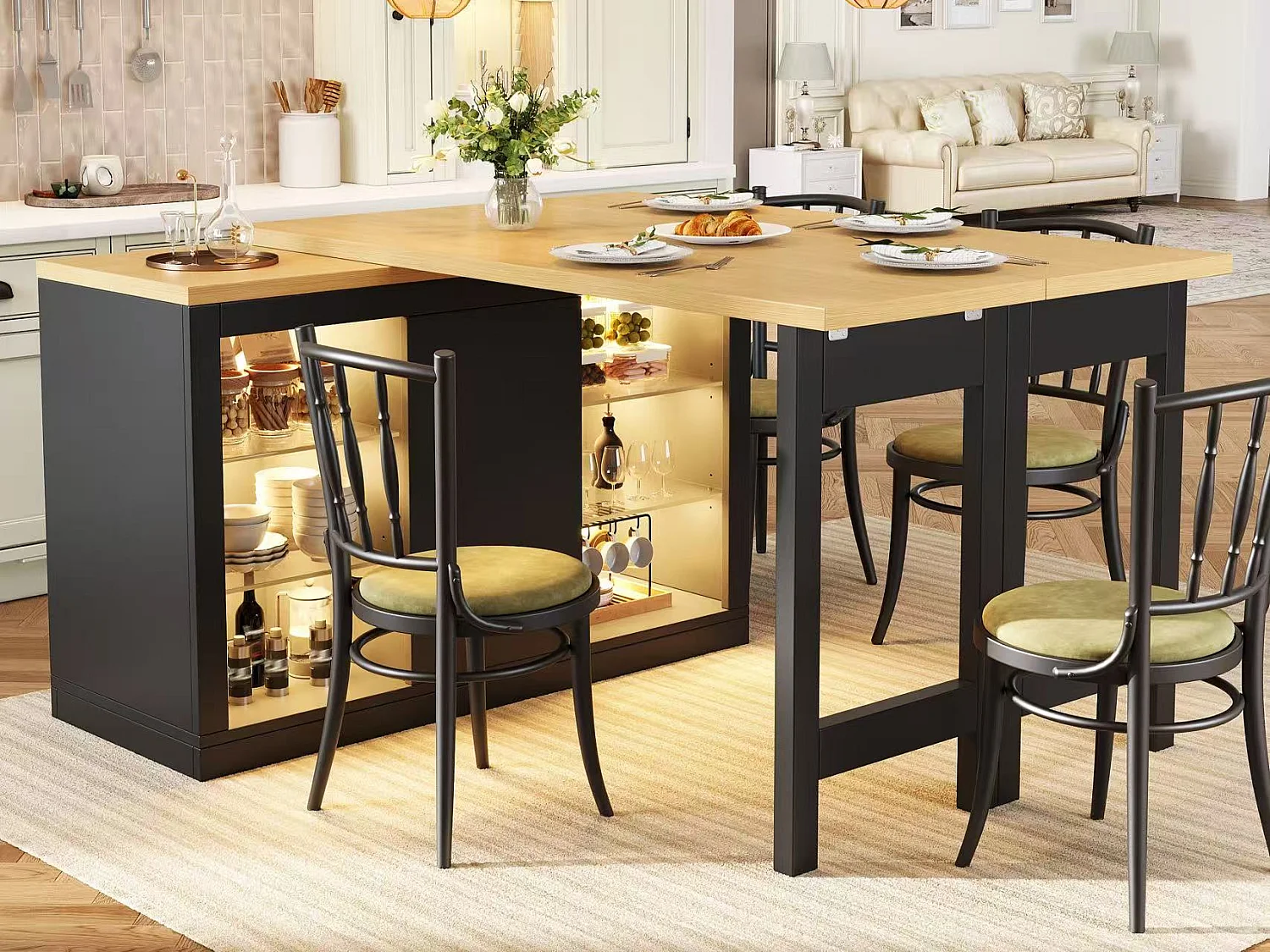 Îlot Central de Cuisine Pivotant à 360° et Extensible 120-197cm, Table de Bar avec Étagères en Verre et Éclairage LED - Noir