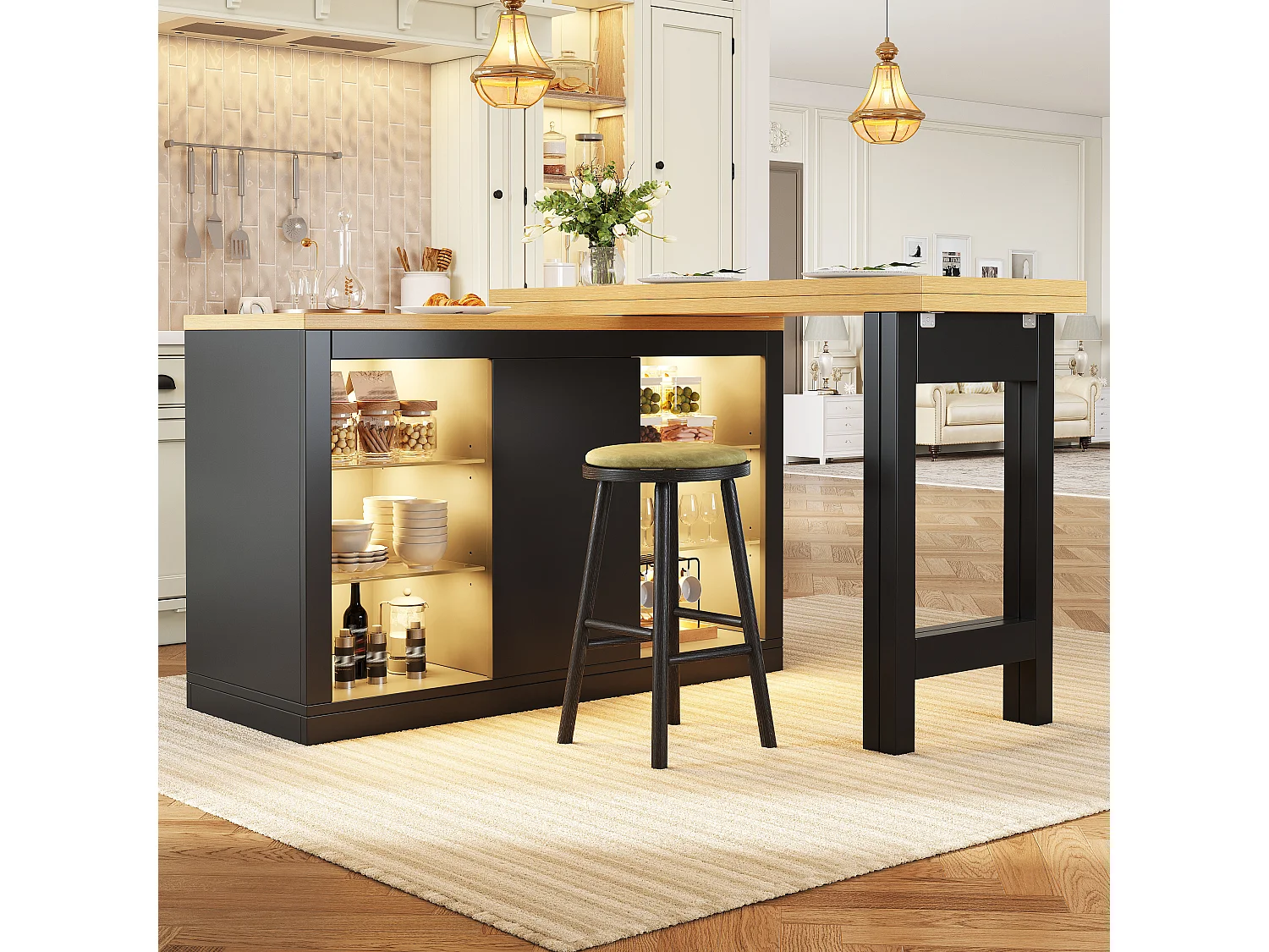 Îlot Central de Cuisine Pivotant à 360° et Extensible 120-197cm, Table de Bar avec Étagères en Verre et Éclairage LED - Noir