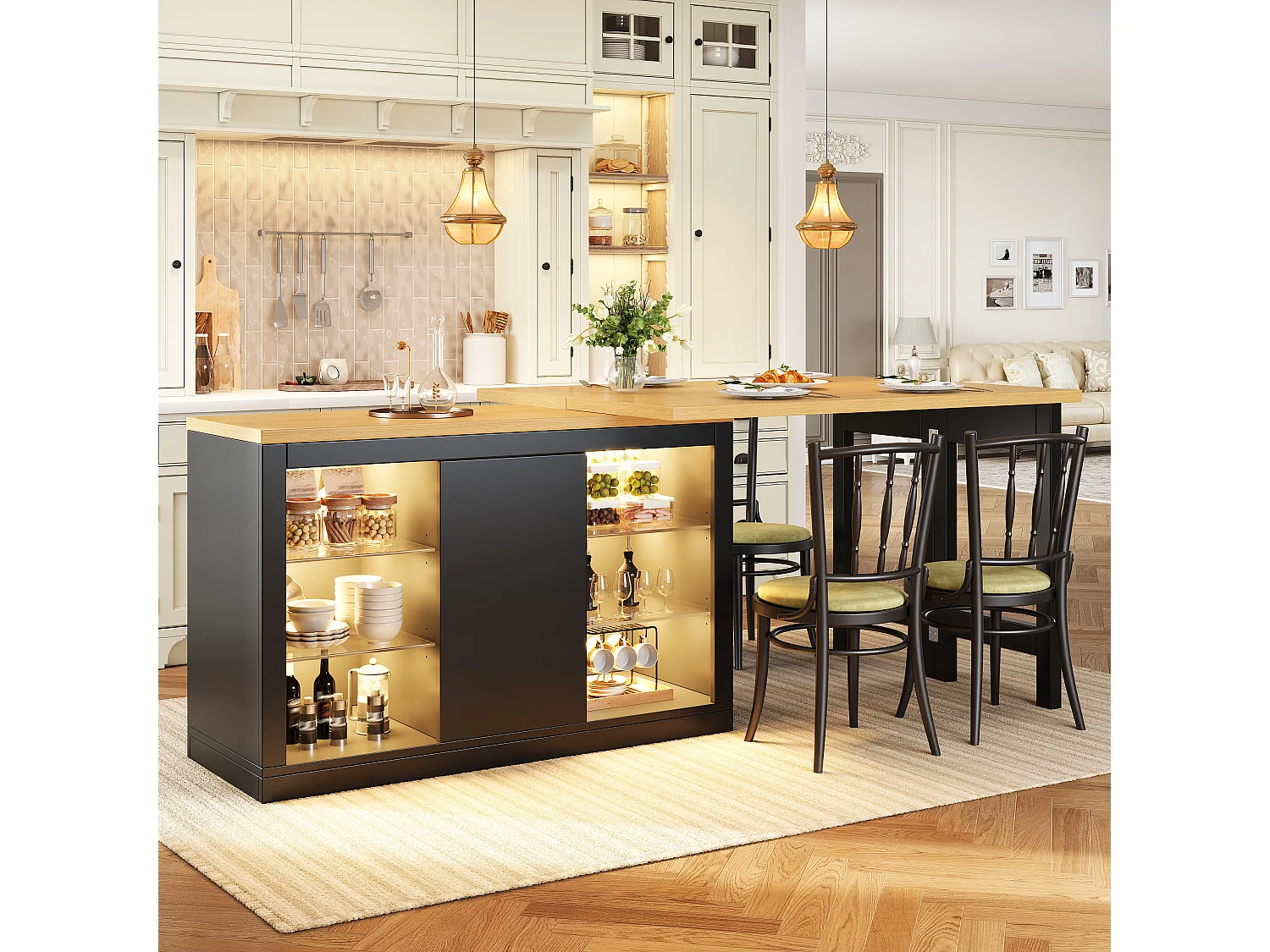 Îlot Central de Cuisine Pivotant à 360° et Extensible 120-197cm, Table de Bar avec Étagères en Verre et Éclairage LED - Noir
