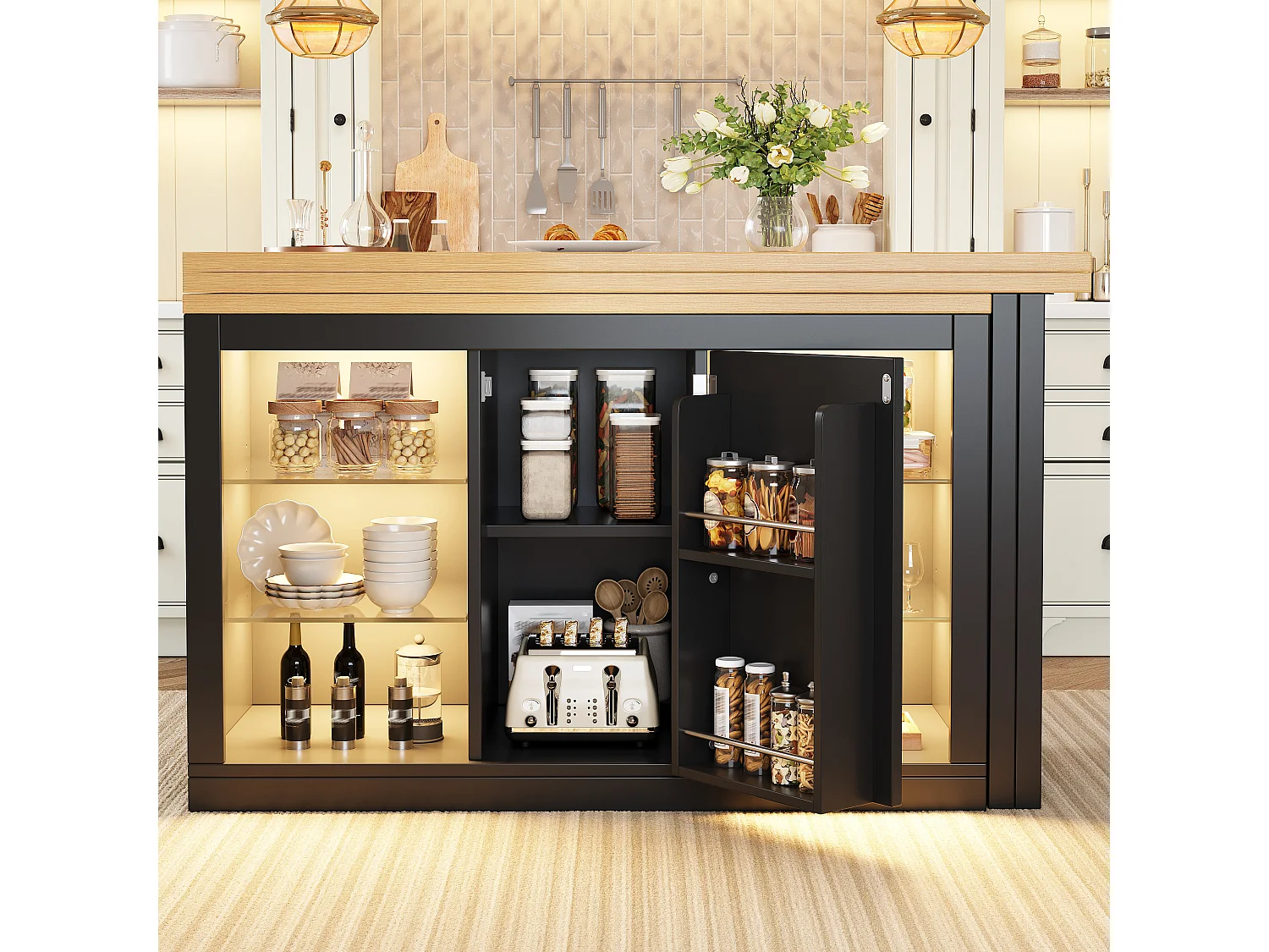 Îlot Central de Cuisine Pivotant à 360° et Extensible 120-197cm, Table de Bar avec Étagères en Verre et Éclairage LED - Noir