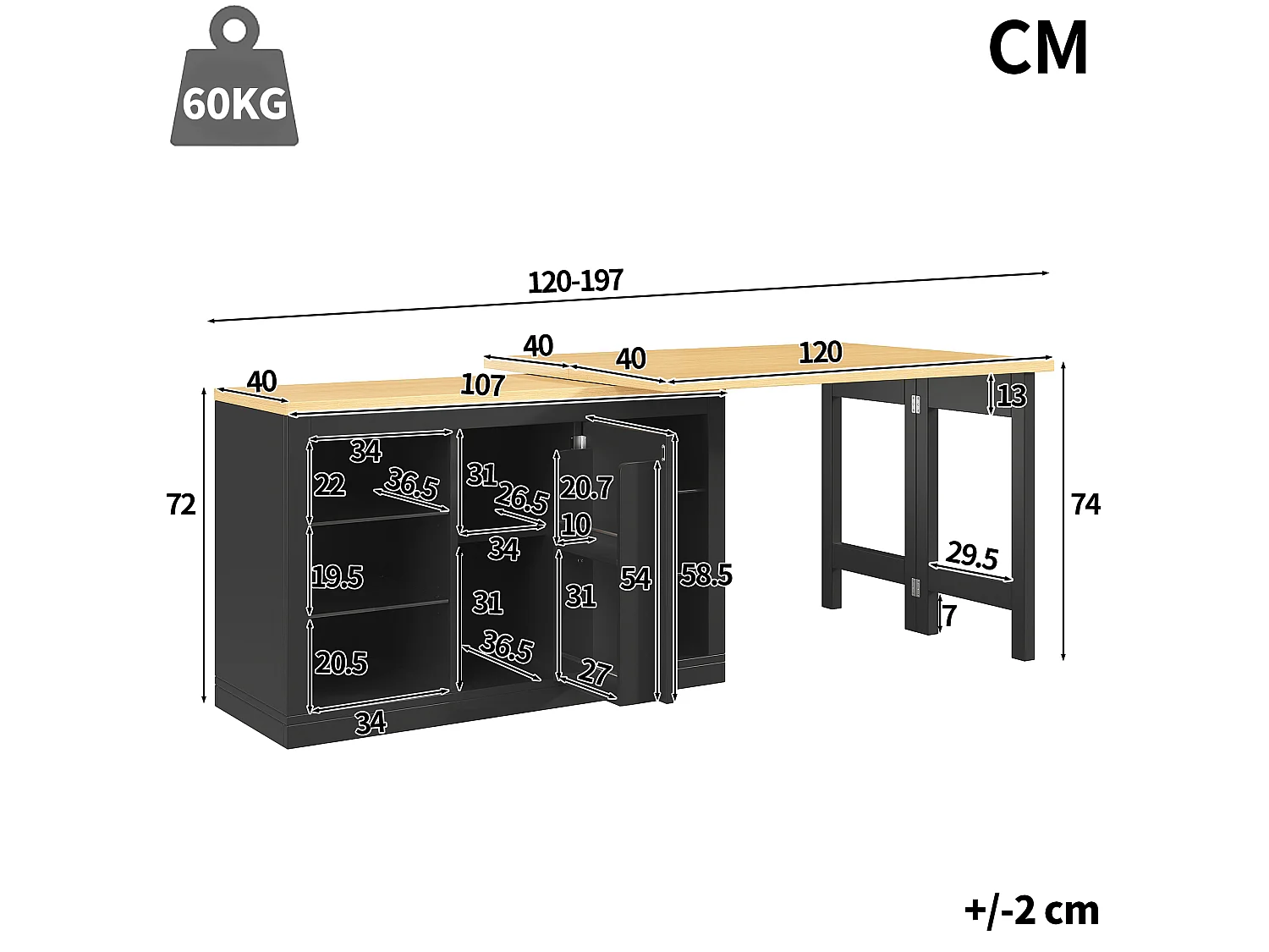 Îlot Central de Cuisine Pivotant à 360° et Extensible 120-197cm, Table de Bar avec Étagères en Verre et Éclairage LED - Noir