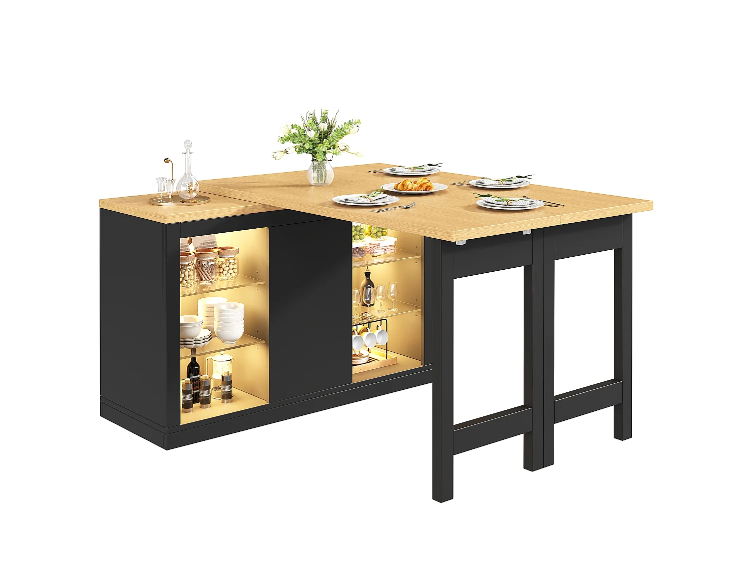 Îlot Central de Cuisine Pivotant à 360° et Extensible 120-197cm, Table de Bar avec Étagères en Verre et Éclairage LED - Noir