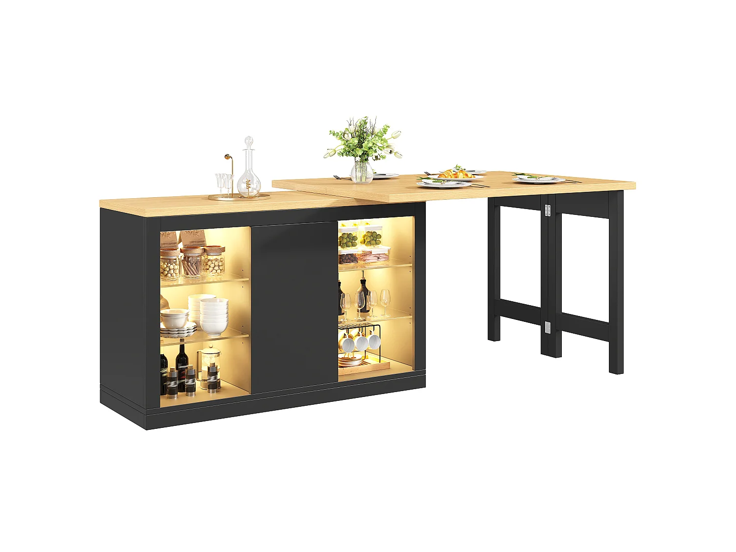Îlot Central de Cuisine Pivotant à 360° et Extensible 120-197cm, Table de Bar avec Étagères en Verre et Éclairage LED - Noir