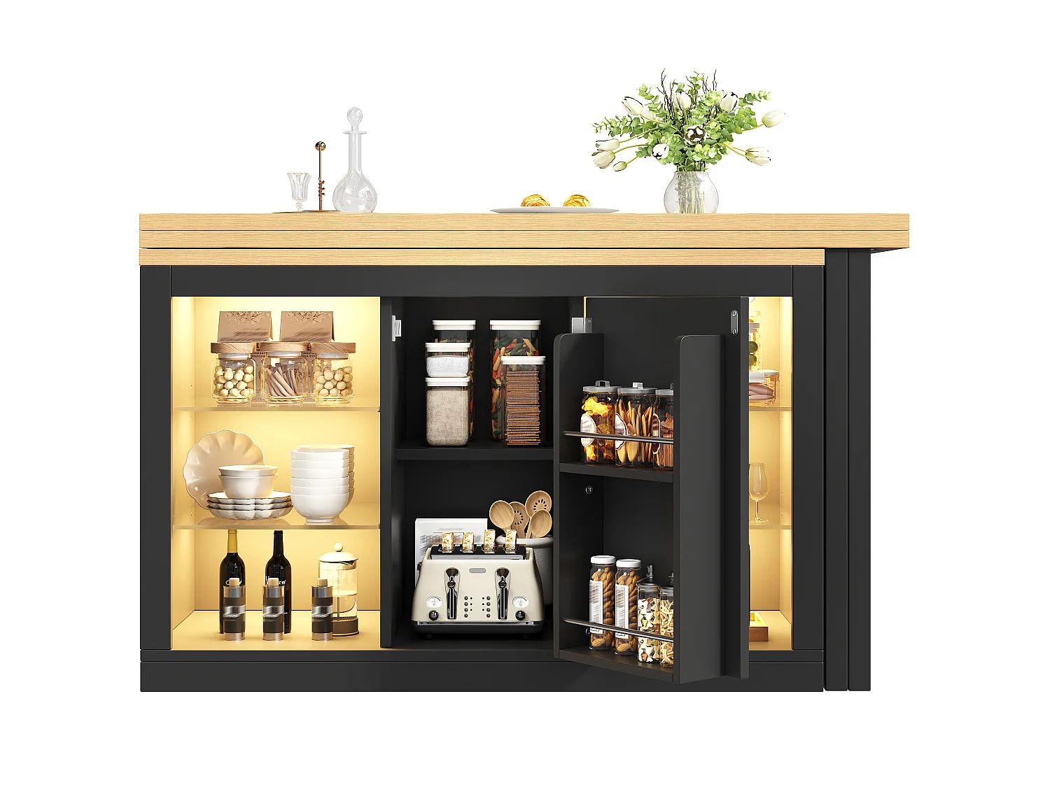 Îlot Central de Cuisine Pivotant à 360° et Extensible 120-197cm, Table de Bar avec Étagères en Verre et Éclairage LED - Noir