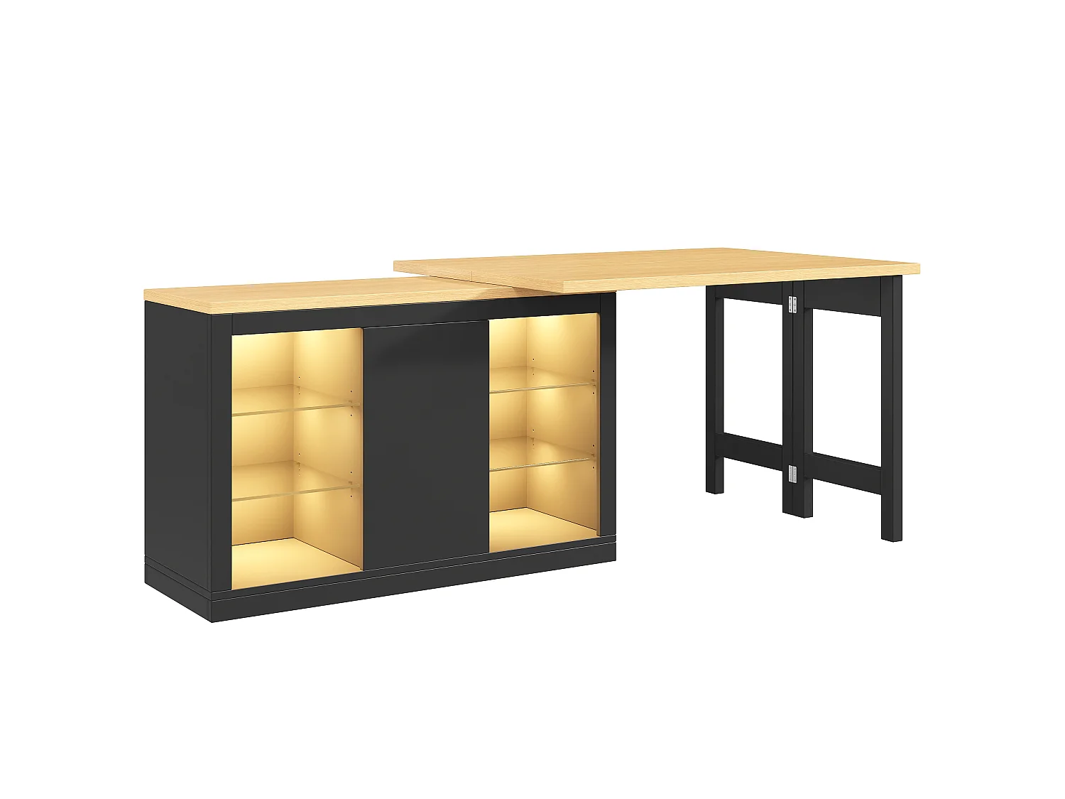 Îlot Central de Cuisine Pivotant à 360° et Extensible 120-197cm, Table de Bar avec Étagères en Verre et Éclairage LED - Noir