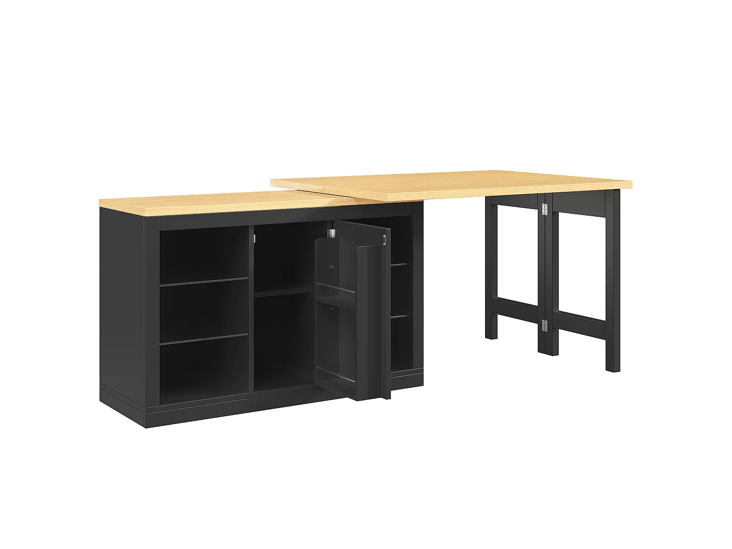 Îlot Central de Cuisine Pivotant à 360° et Extensible 120-197cm, Table de Bar avec Étagères en Verre et Éclairage LED - Noir