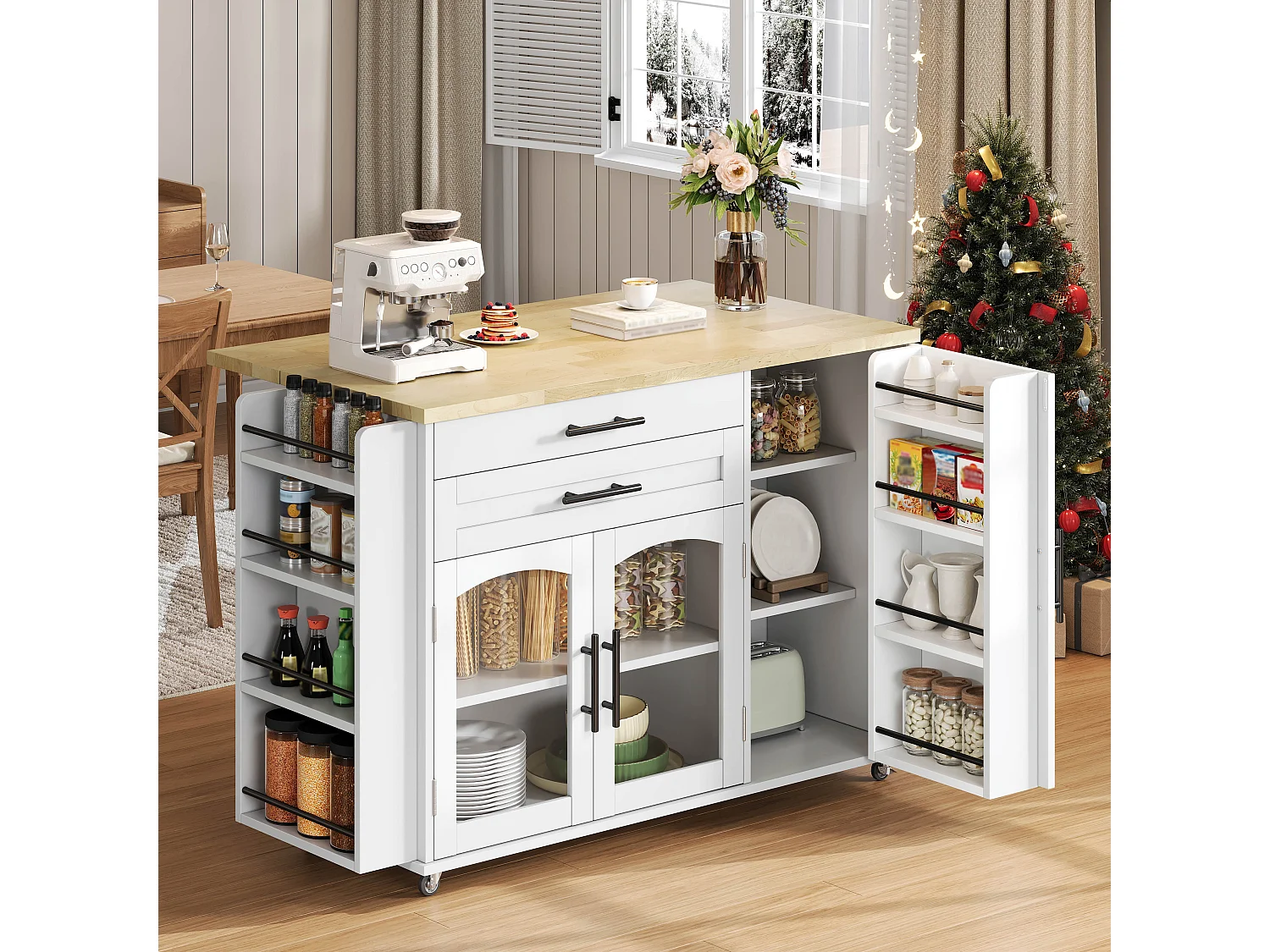 Mobile kitchen island - folding dining table - with storage space and spice rack - with casters - White