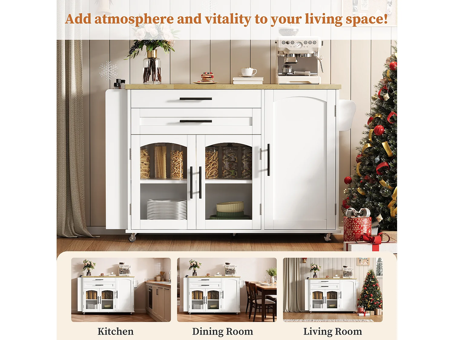 Mobile kitchen island - folding dining table - with storage space and spice rack - with casters - White
