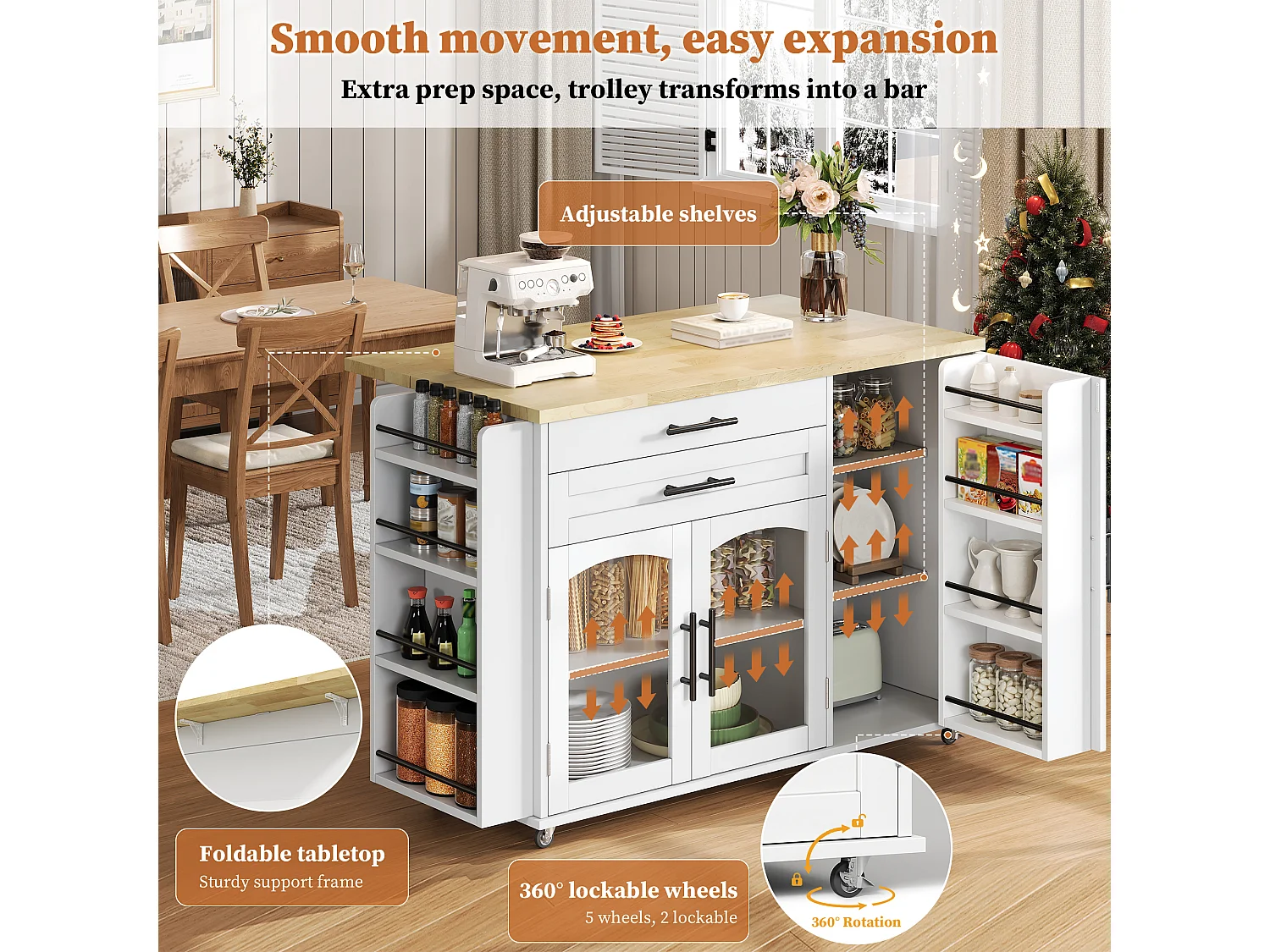Mobile kitchen island - folding dining table - with storage space and spice rack - with casters - White