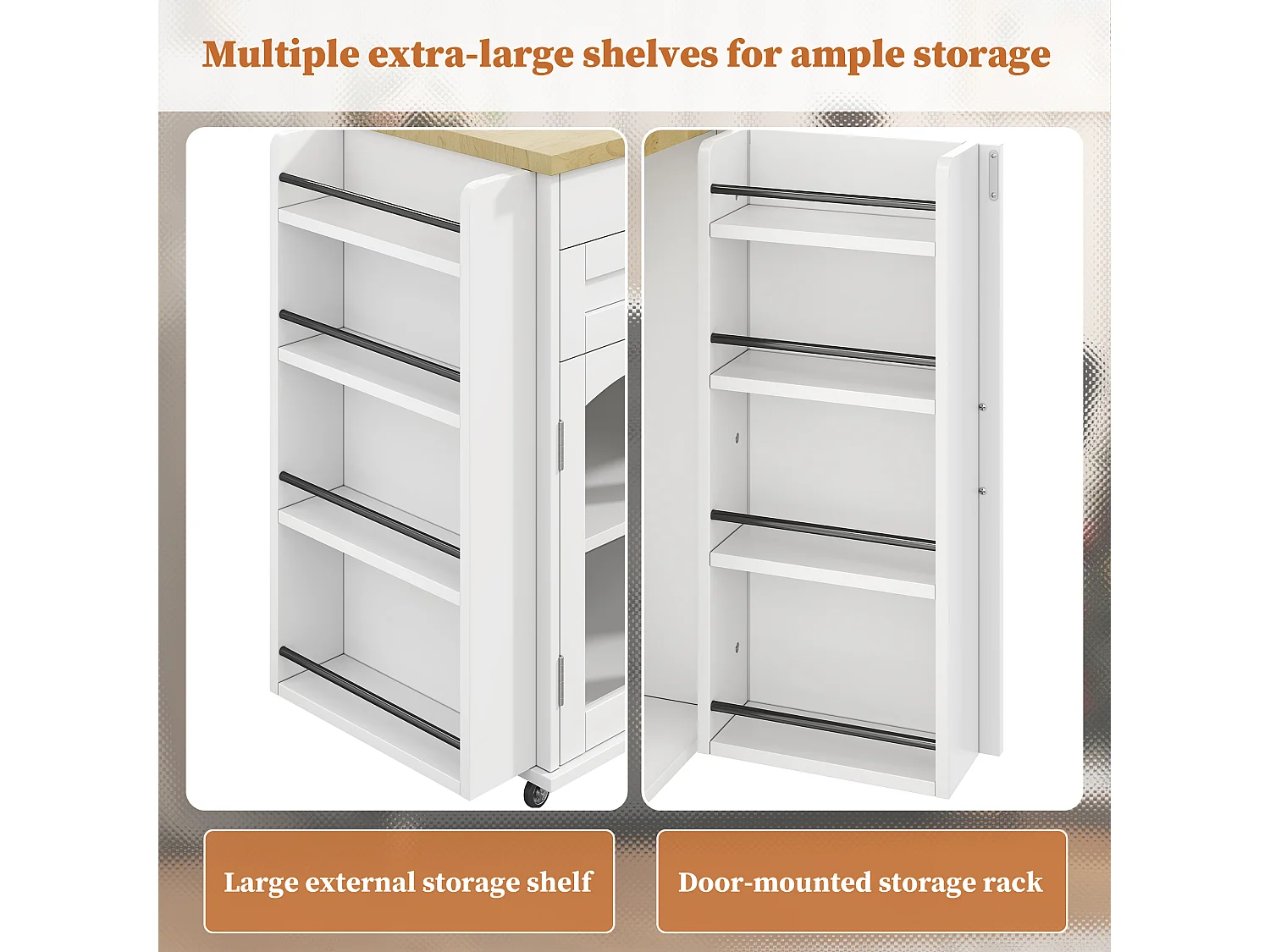 Mobile kitchen island - folding dining table - with storage space and spice rack - with casters - White