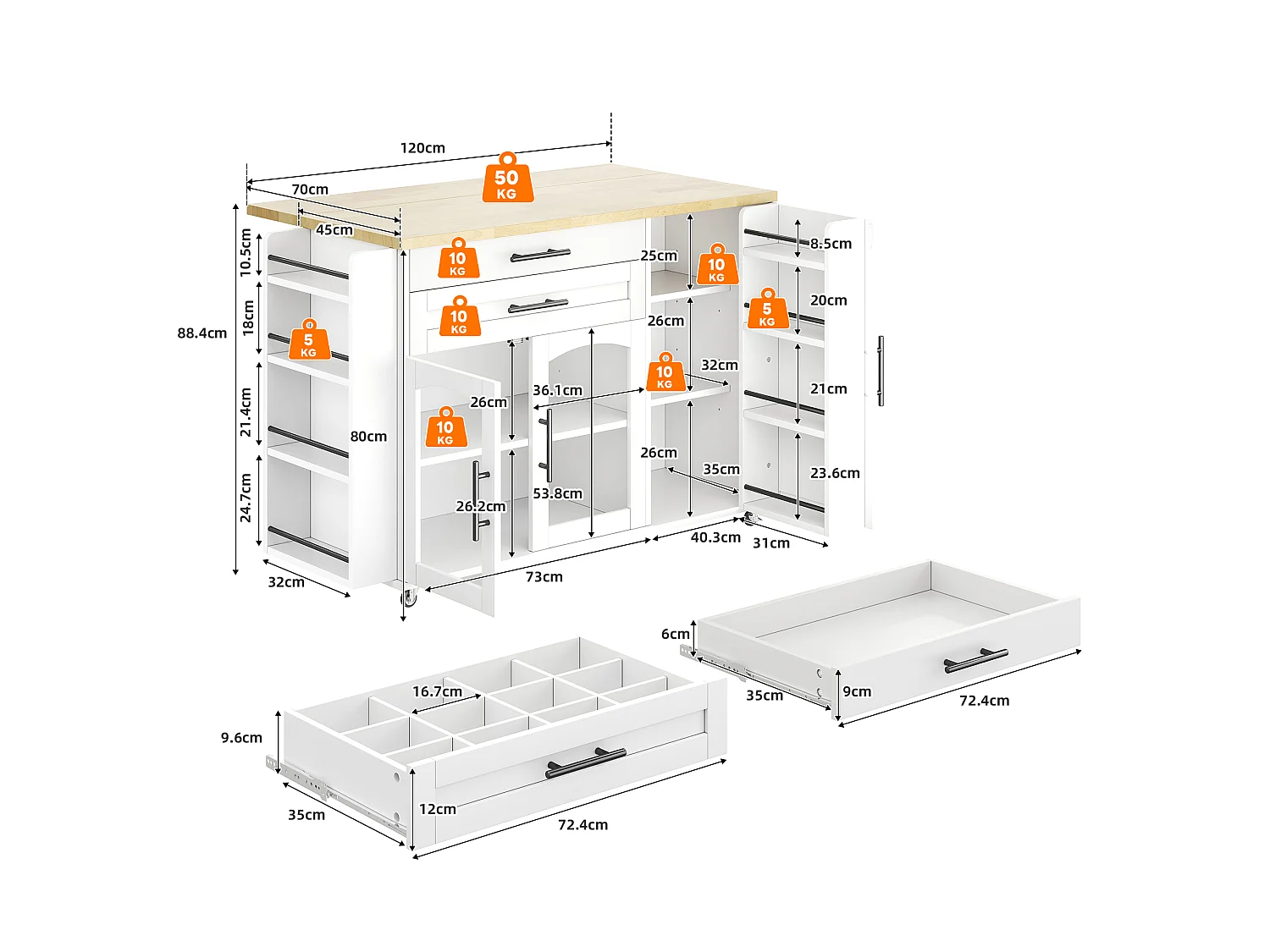 Mobile kitchen island - folding dining table - with storage space and spice rack - with casters - White