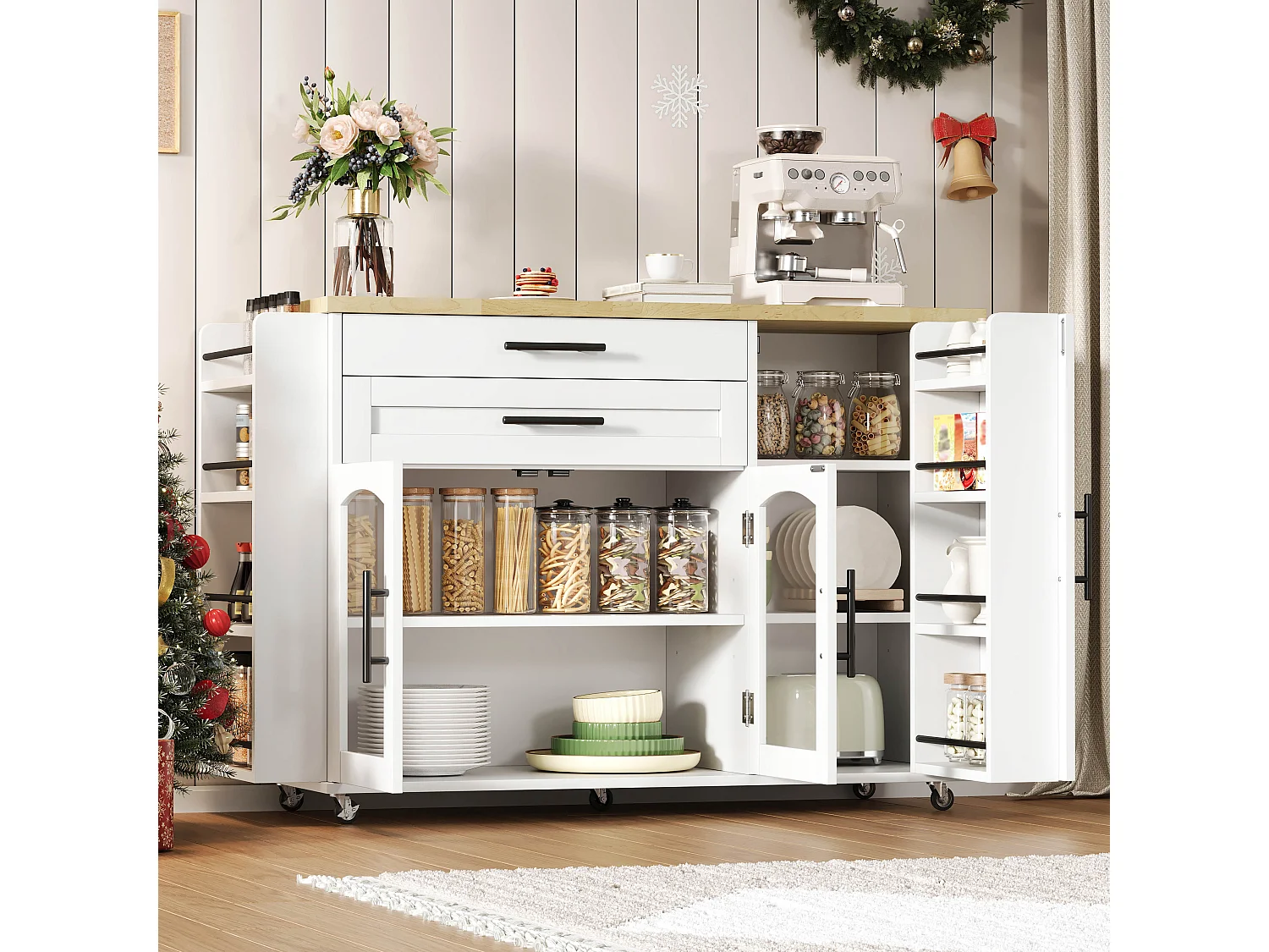 Mobile kitchen island - folding dining table - with storage space and spice rack - with casters - White